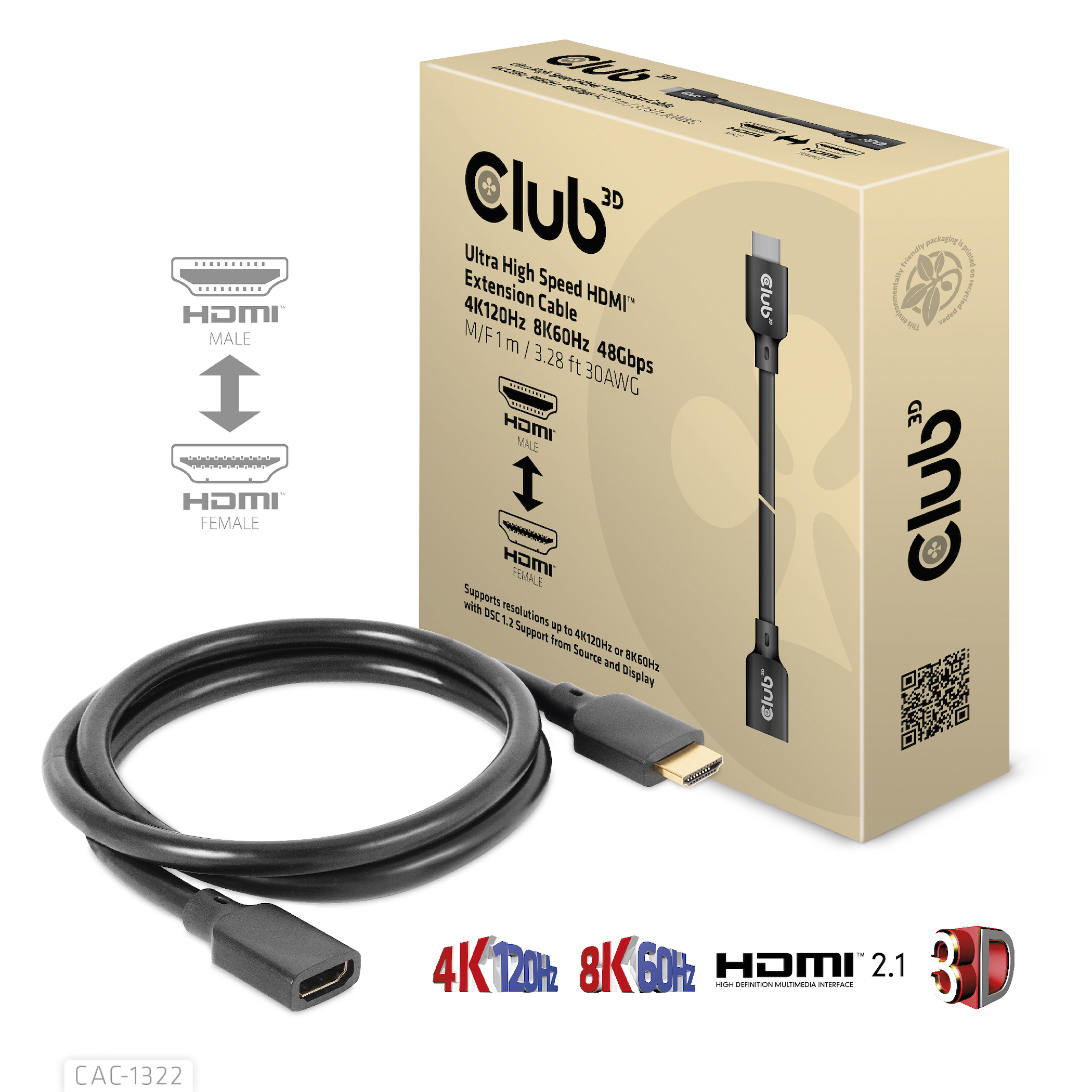 Club3D HDMI-Kabel 2.1 UHD-Verlängerungskabel 1 Meter St/Bu retail