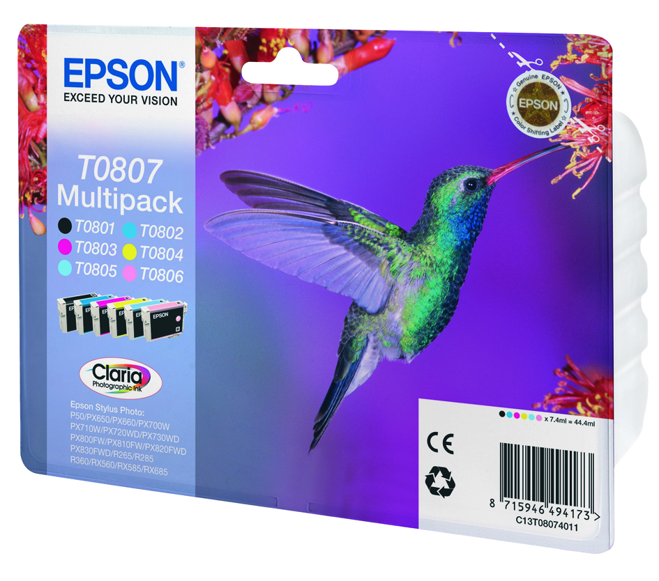 EPSON T0807 (Kolibri) schwarz, cyan, magenta, gelb, light cyan, light magenta Druckerpatronen, 6er-Set
