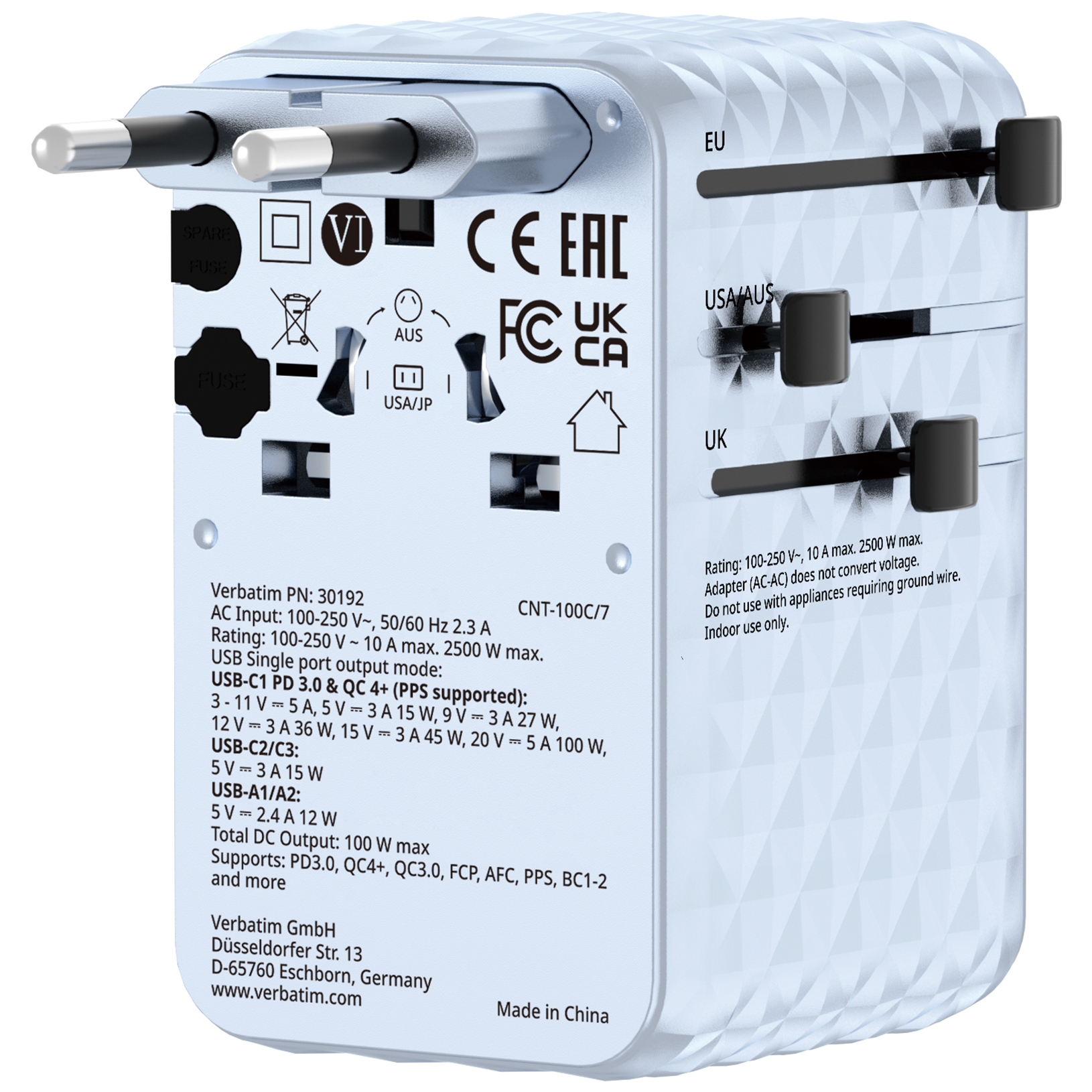 Verbatim Charge'n'Travel Adapter 100W 1C retractable blue