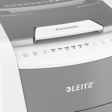 LEITZ IQ Autofeed Small Office 300 Aktenvernichter mit Partikelschnitt P-4, 4 x 26 mm, bis 300 Blatt, weiß