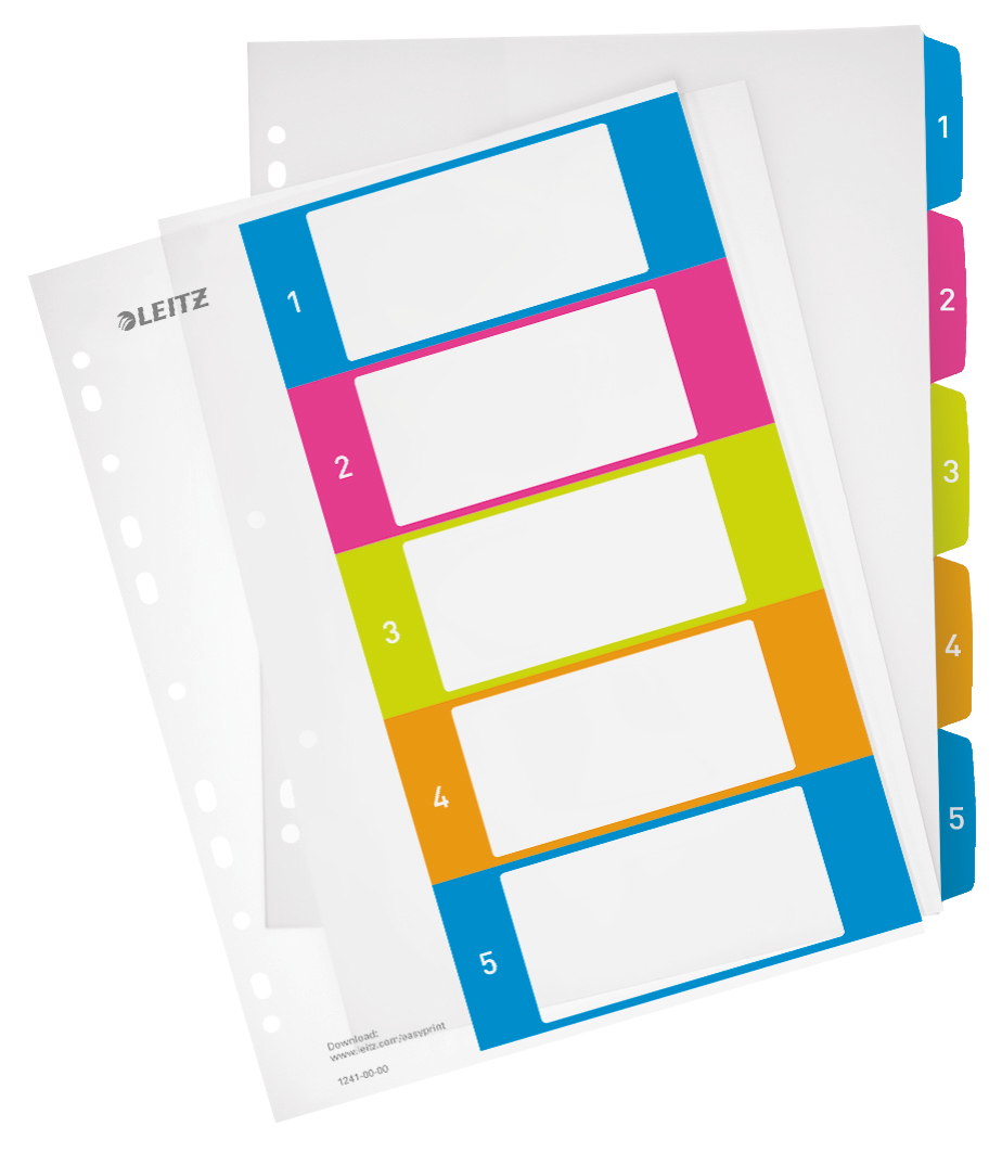 LEITZ Ordnerregister WOW DIN A4 Vollformat, Überbreite 1-5 farbig 5-teilig, 1 Satz