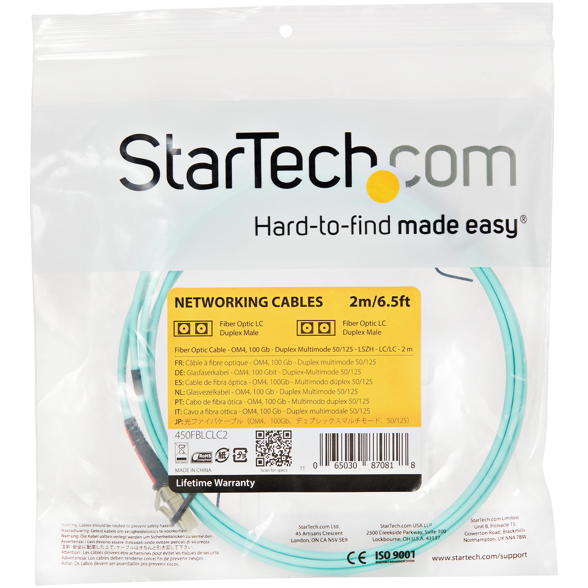 STARTECH.COM Aqua OM4 Duplex Multimode Fiber 2m / 6 ft 100 Gb 50/125 OM4 Fiber LC to LC Fiber Patch Cable