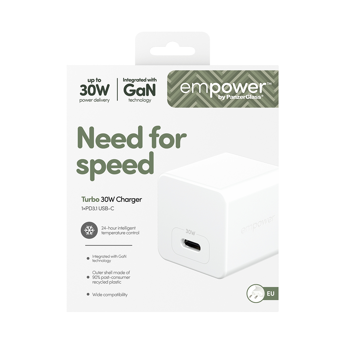 TURBO 30W CHARGER SINGLE USB-C EU PLUG SILVER WHITE
