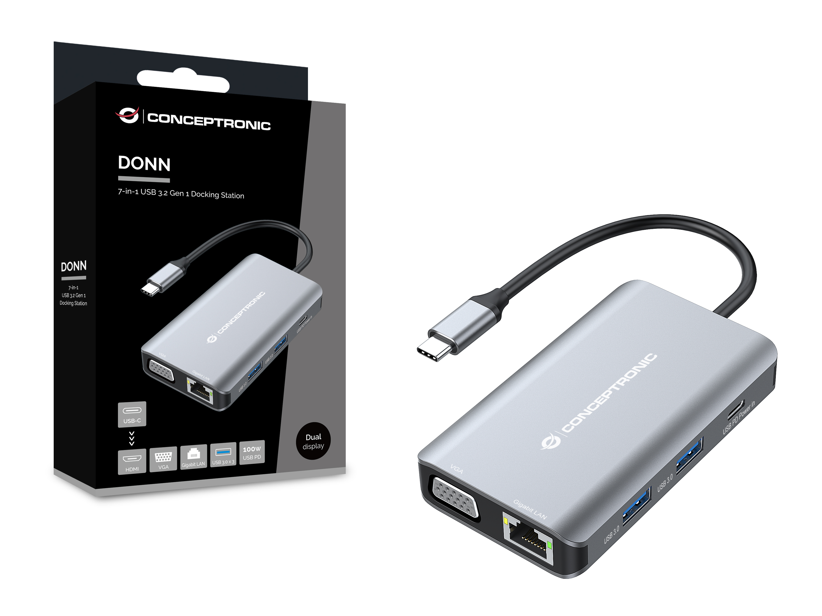 CONCEPTRONIC 7-1 Dock USB-C->HDMI/3xUSB-A/VGA/+ 25cm gr