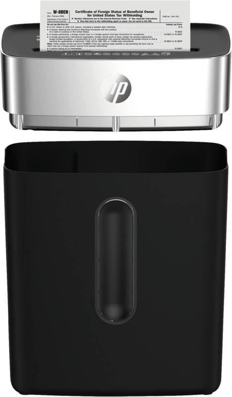 HP OneShred 8CC Aktenvernichter mit Partikelschnitt P-4, 5 x 18 mm, bis 8 Blatt, schwarz, silber