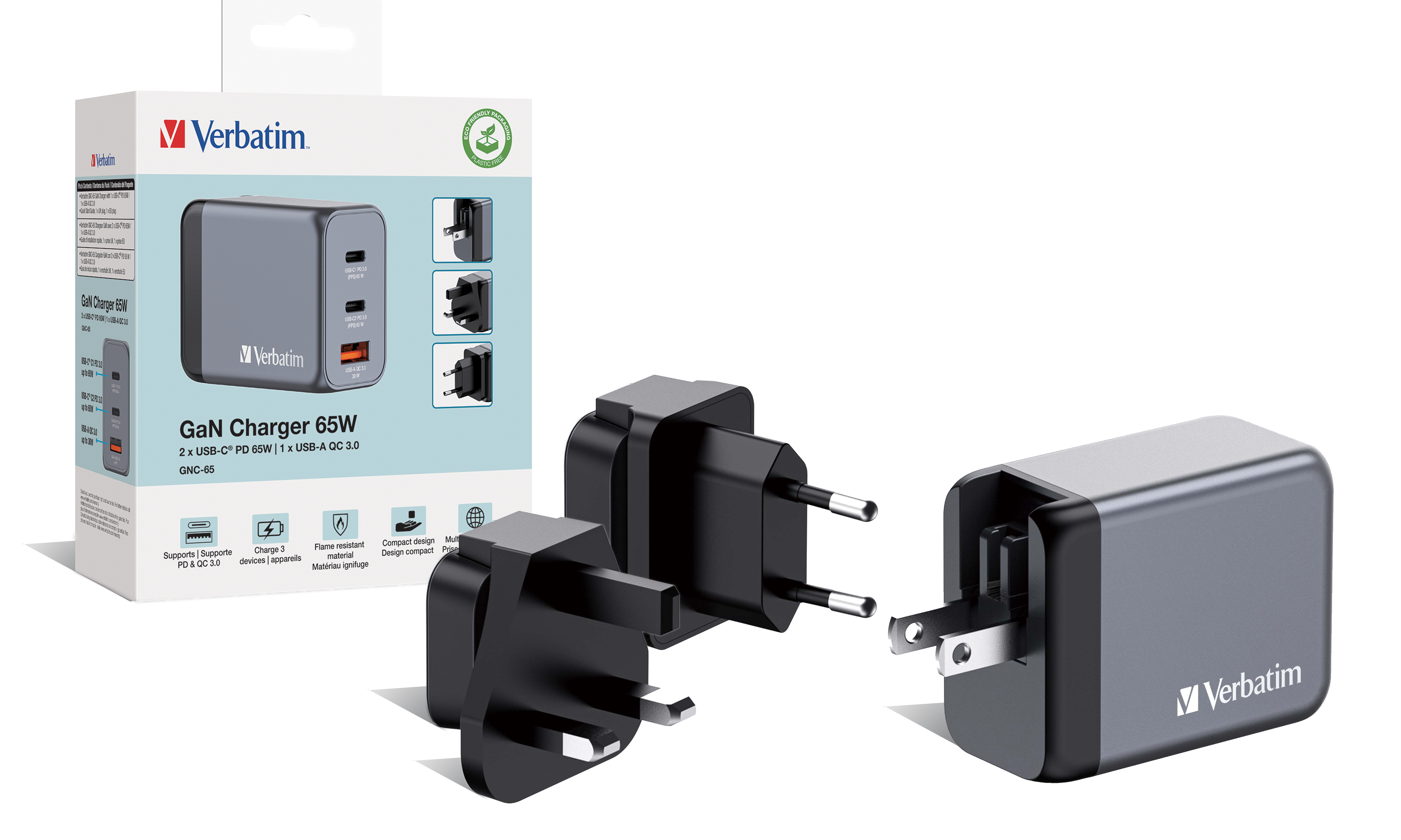 Verbatim GNC-65 GaN Charger 3 Port 65W USB A/C (EU/UK/US)