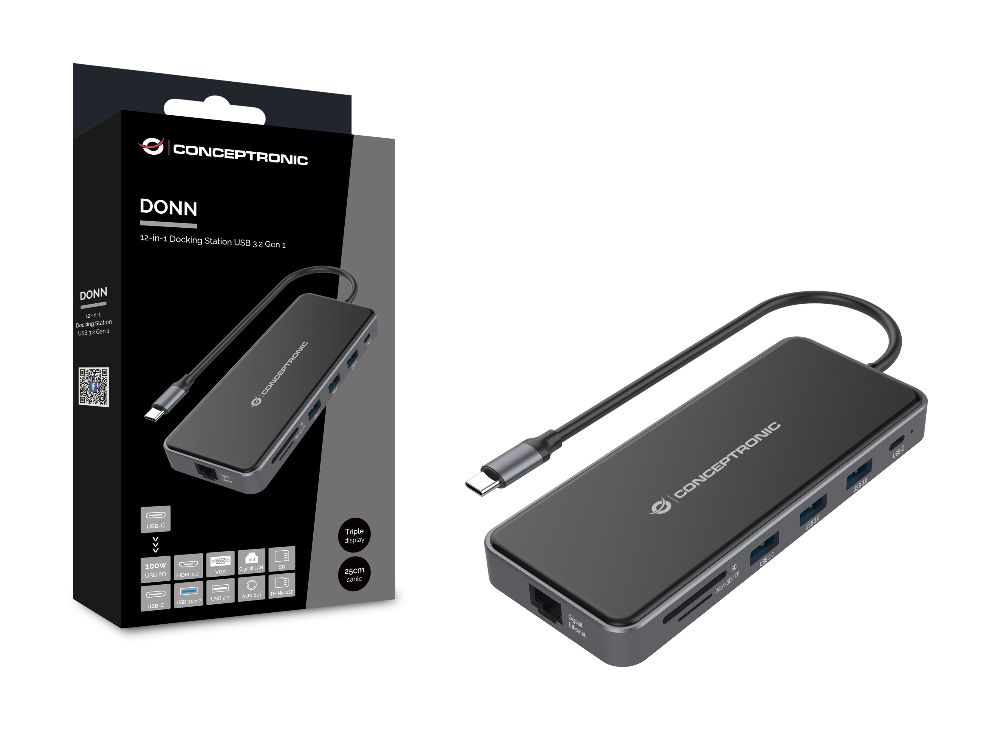 CONCEPTRONIC 12-1 Dock USB-C->2xHDMI/3xUSB-A/AUX/+ 25cm gr