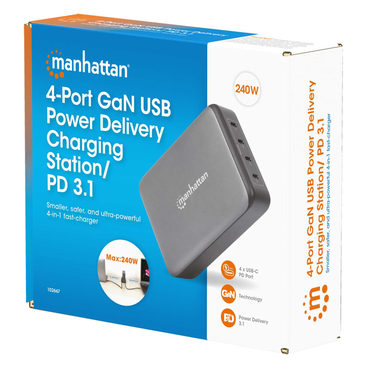 MANHATTAN 4-Port GaN USB Power Delivery-Ladestation PD 3.1 Vier USB-C PD-Ports mit bis zu 140W pro Port 240 W Gesamtleistung schwarz