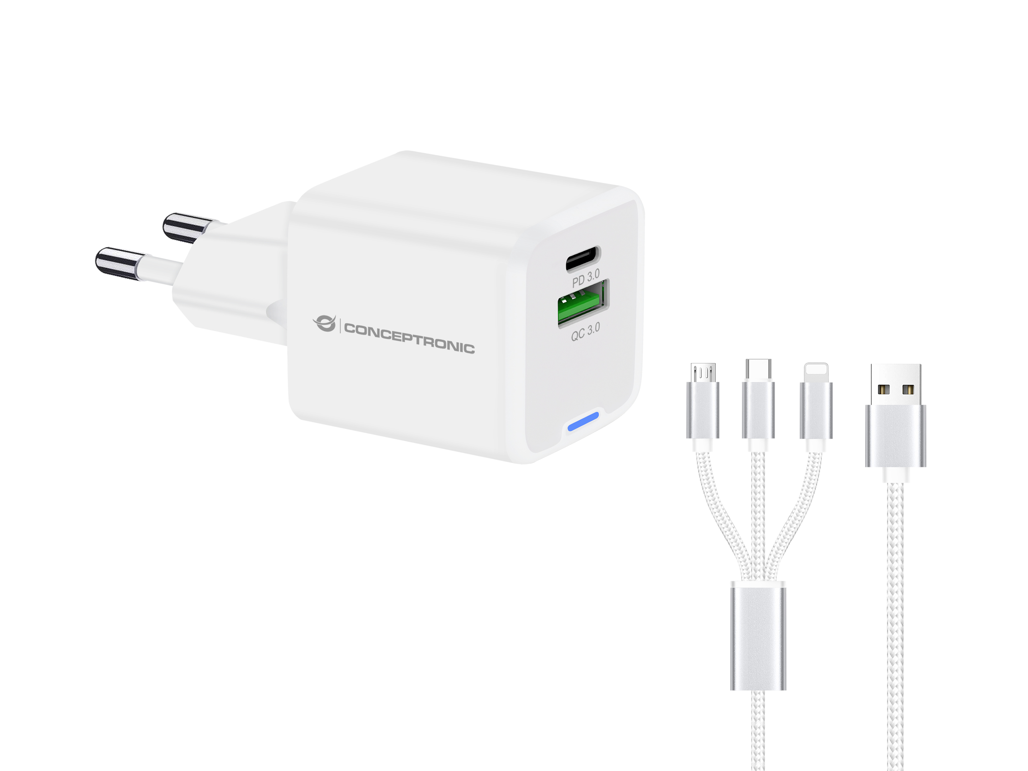 CONCEPTRONIC Ladegerät 2Port GaN 3-in-1 33WPD3.0/PPS ws