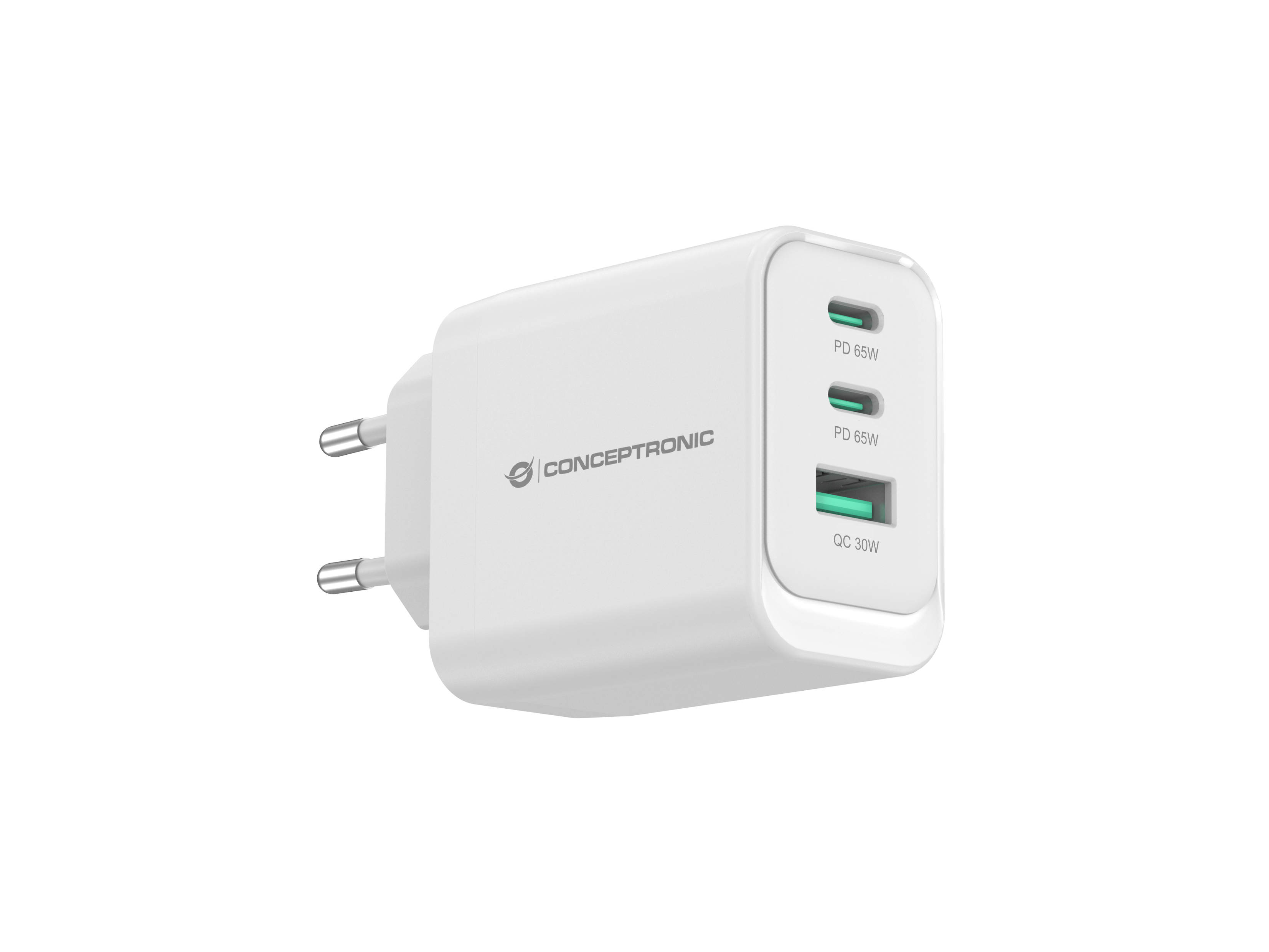 CONCEPTRONIC Ladegerät 3Port GaN 2xUSB-C/1xA 65WPD3.0/PPS ws