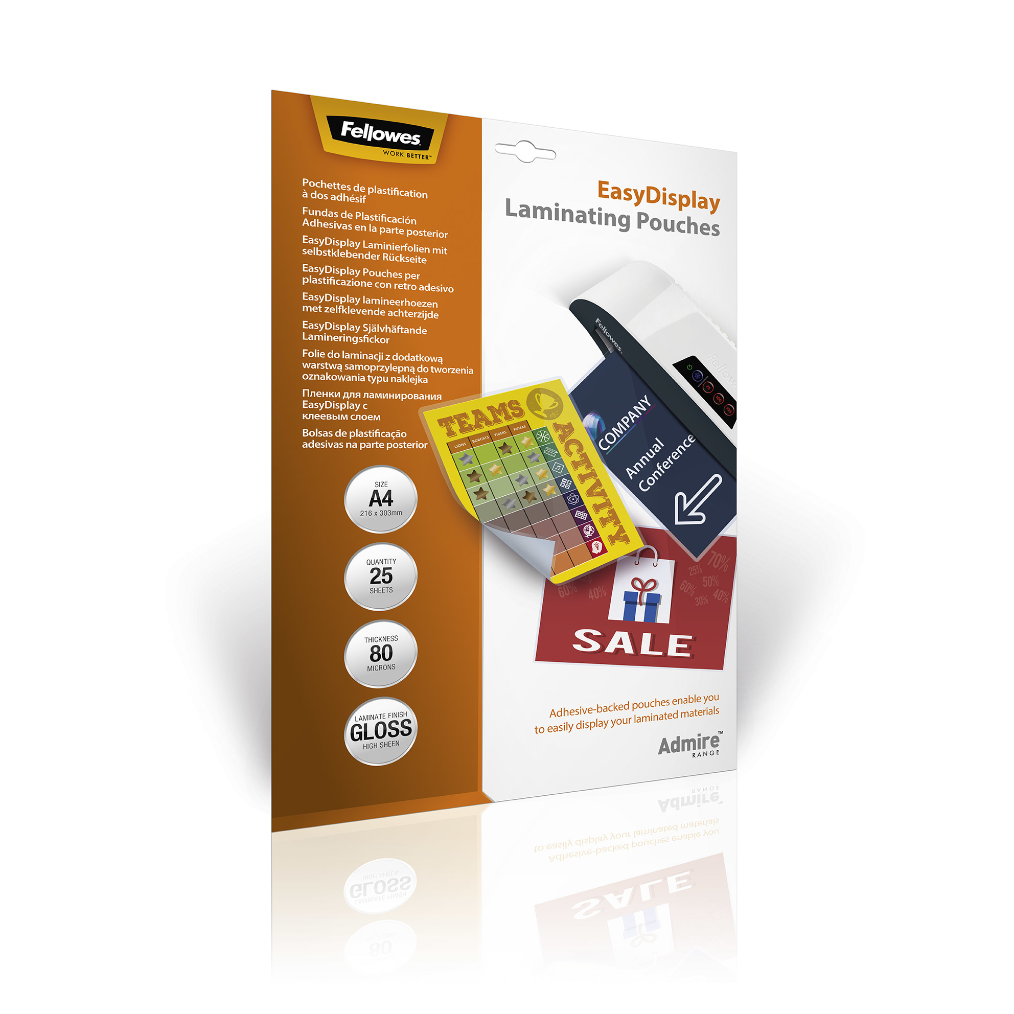 Fellowes Laminierfolien Admire EasyDisplay glänzend für A4 80 micron selbstklebender Rücken, 25 St.
