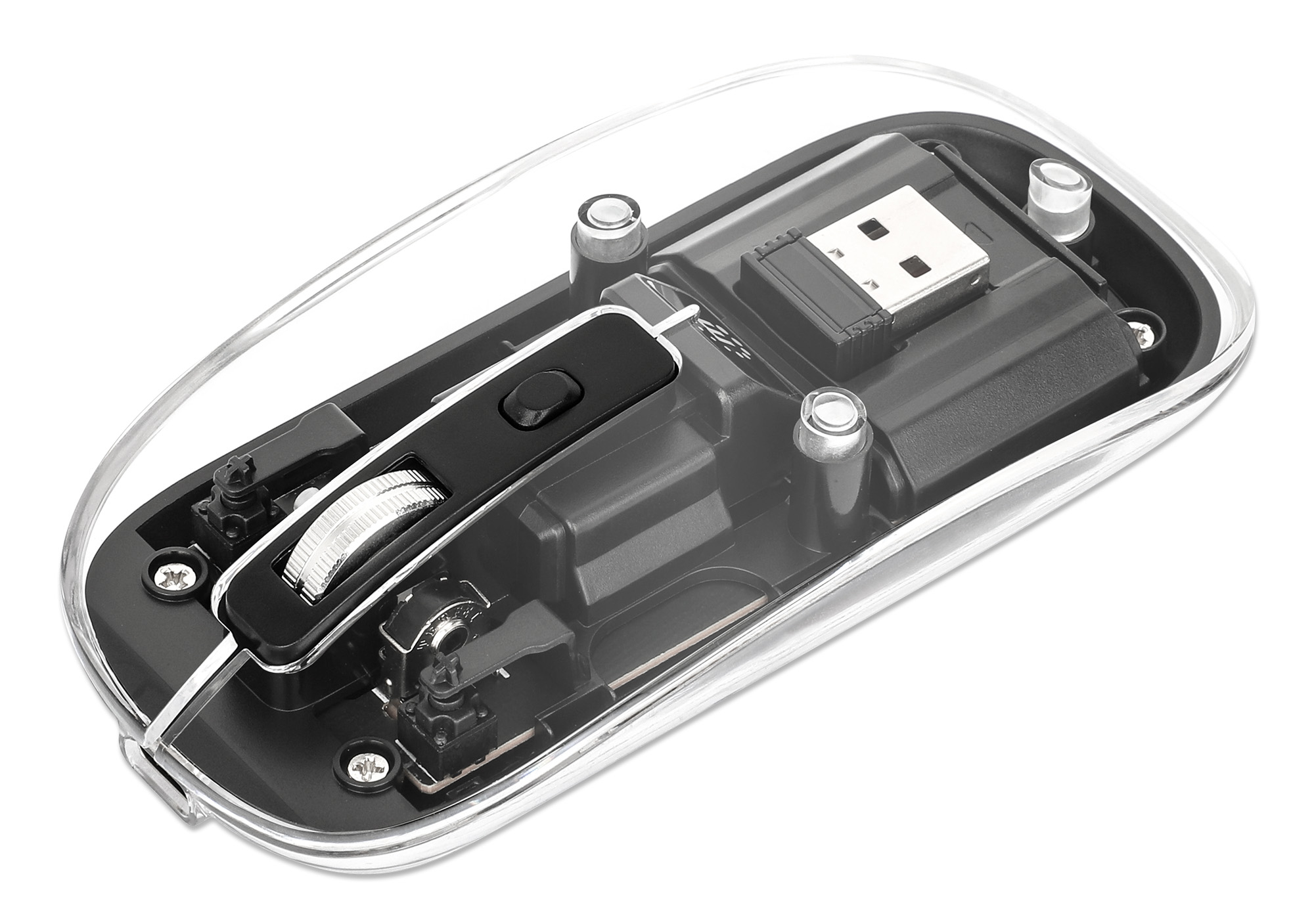 MANHATTAN Transparente Wiederaufladbare Kabellose Maus LED-Beleuchtung USB-A-Mikroempfänger Links-/Rechtshänder durchsichtig/schwarz