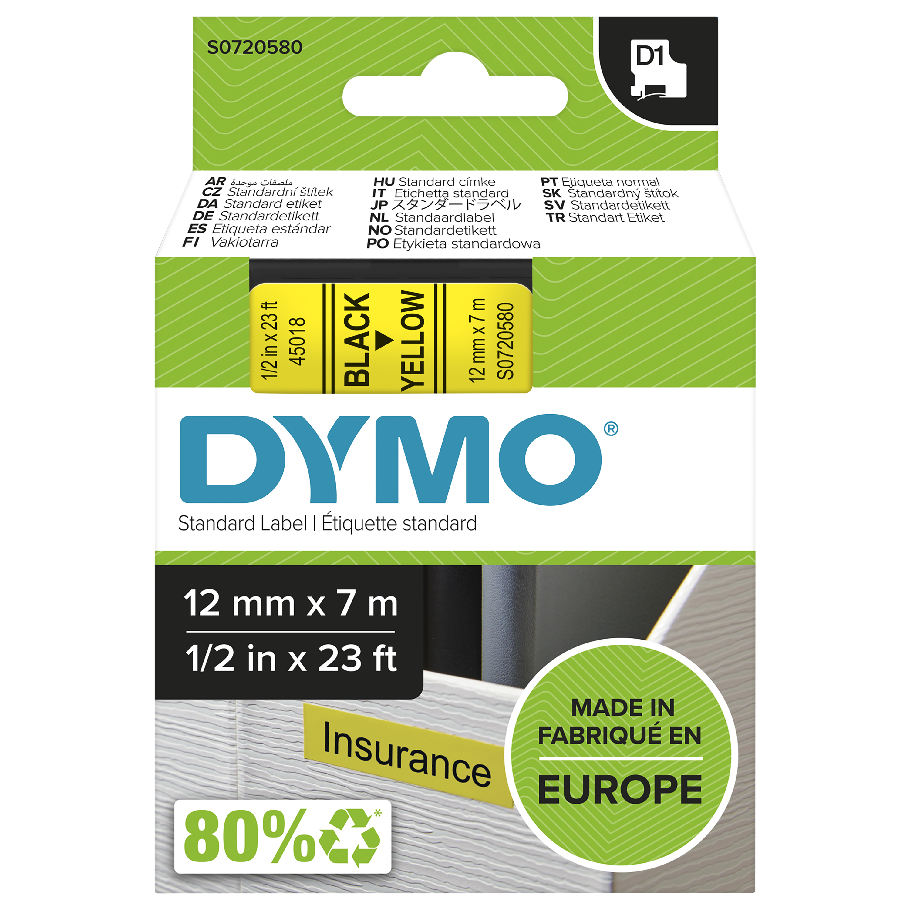 DYMO Schriftband D1 45018 S0720580, 12 mm, schwarz auf gelb, 1 St.