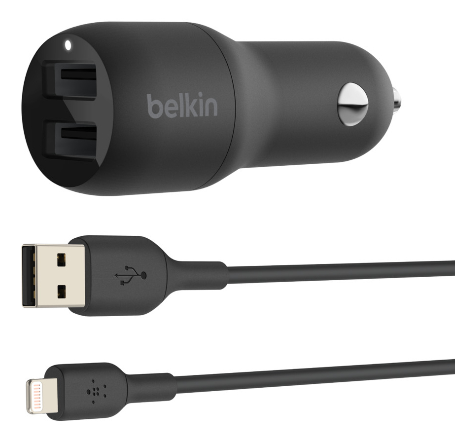 DUAL USB-A CHARGER CAR W/LIGHTNING CABLE 1M 24W BLACK