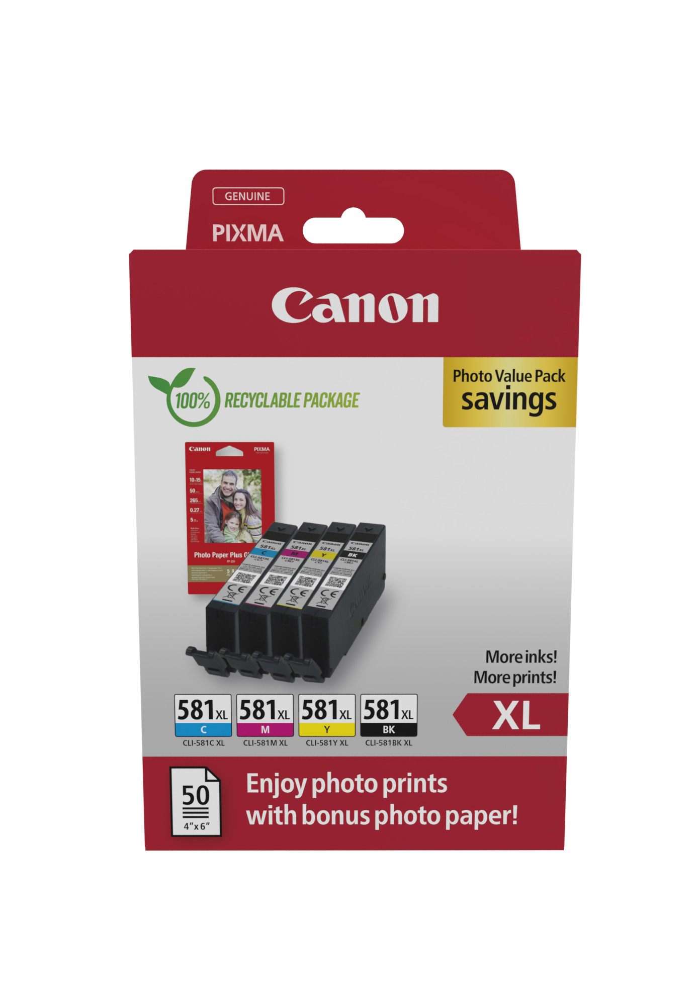 Canon CLI-581XL BK/C/M/Y schwarz, cyan, magenta, gelb Druckerpatronen + Fotopapier, 4er-Set