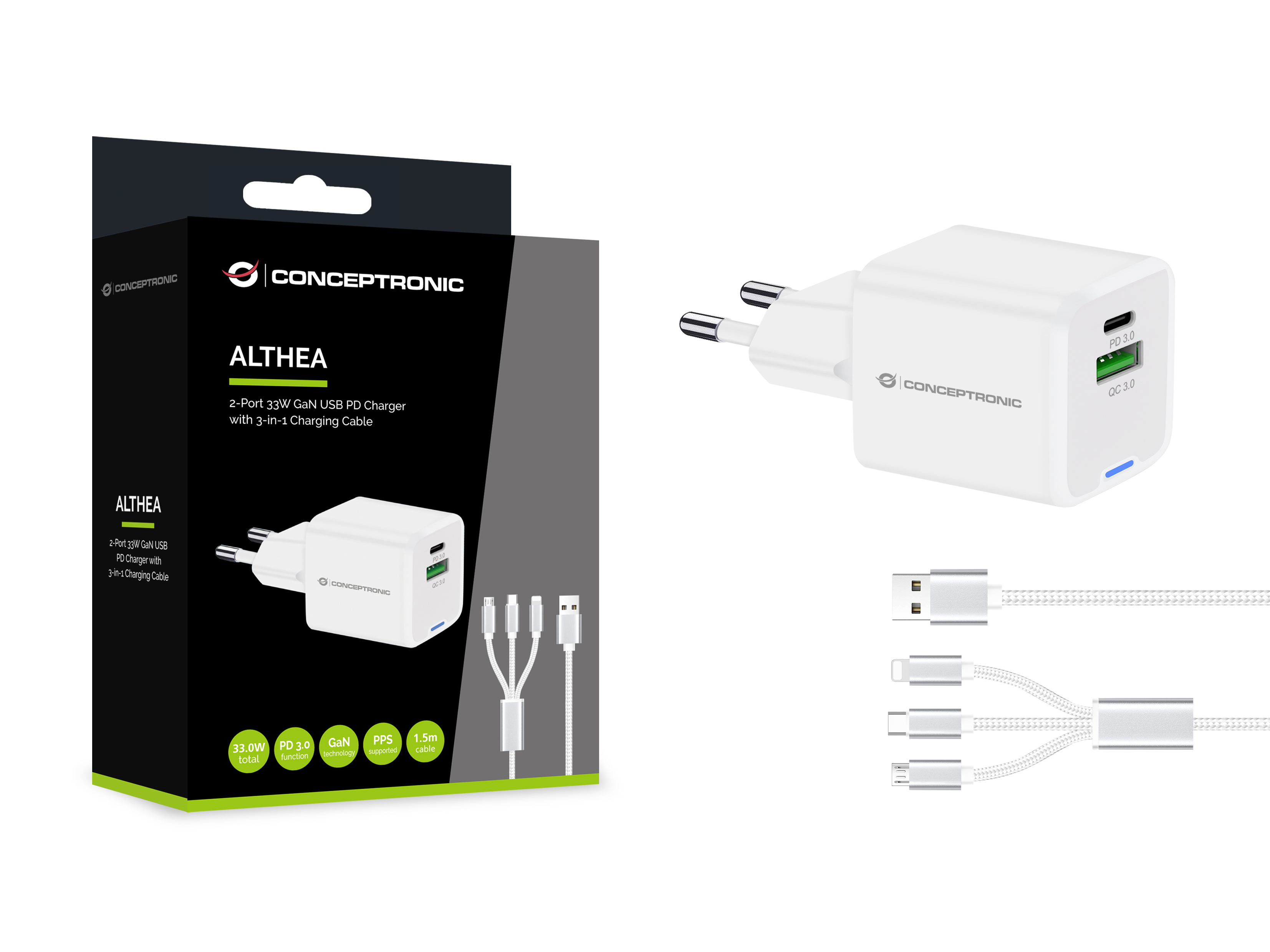 CONCEPTRONIC Ladegerät 2Port GaN 3-in-1 33WPD3.0/PPS ws