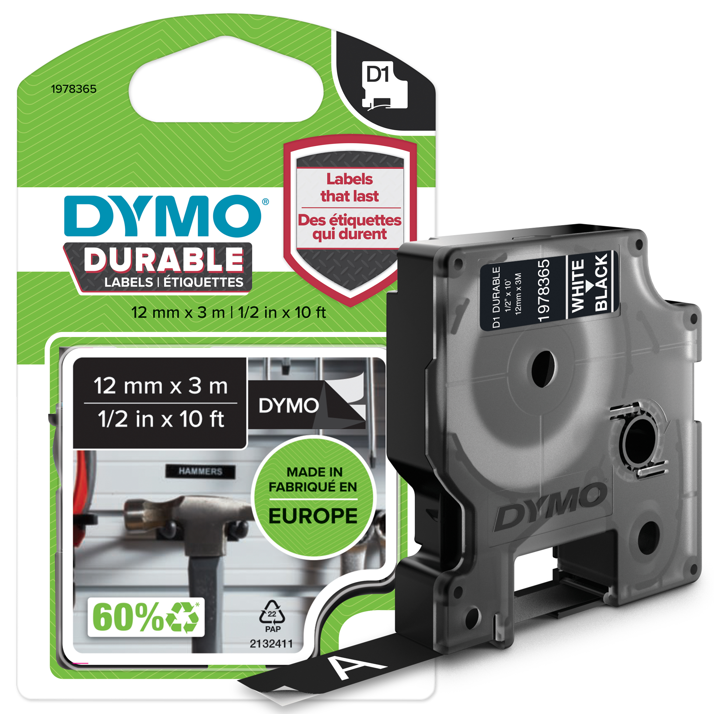DYMO D1 Schriftband Vinyl 12mmx3.0m weiß ->schwarz