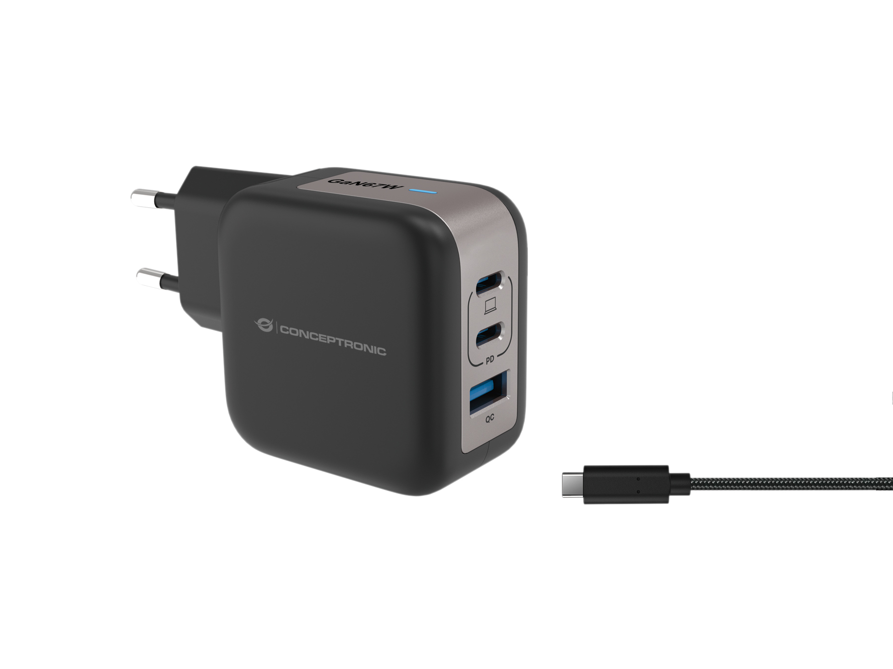 CONCEPTRONIC Ladegerät 3Port GaN 2xUSB-C/1xA 67WPD3.0/PPS sw