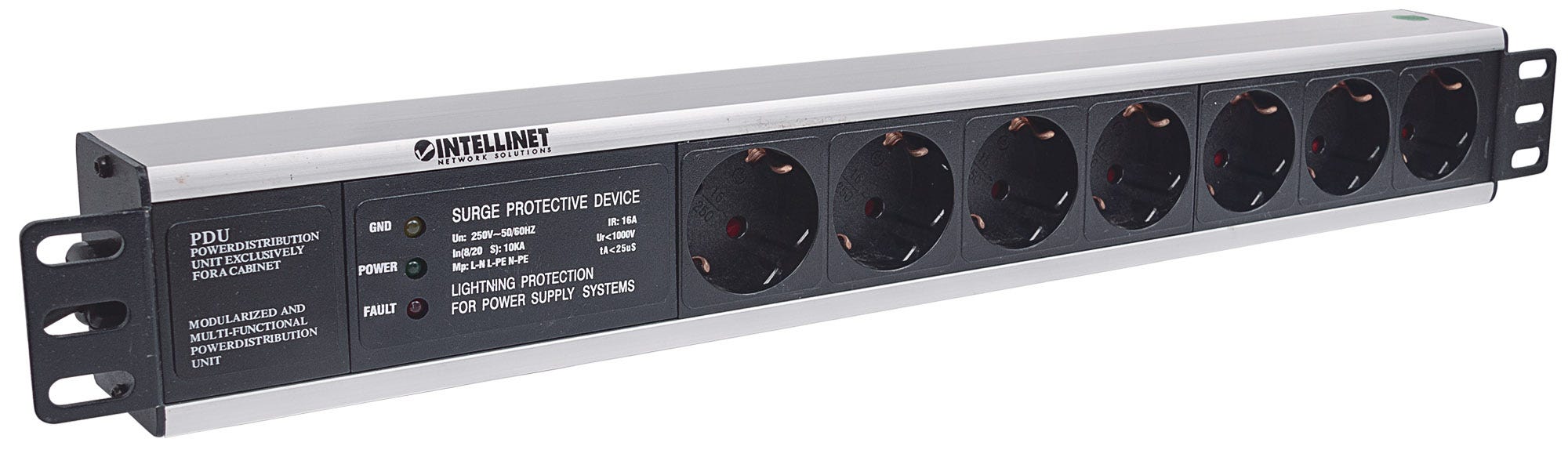 INTELLINET 48,3cm 19Zoll Steckdosenleiste 7-fach SCHUKO mit Ueberspannungsschutz 3m Stromkabel 1,5 HE