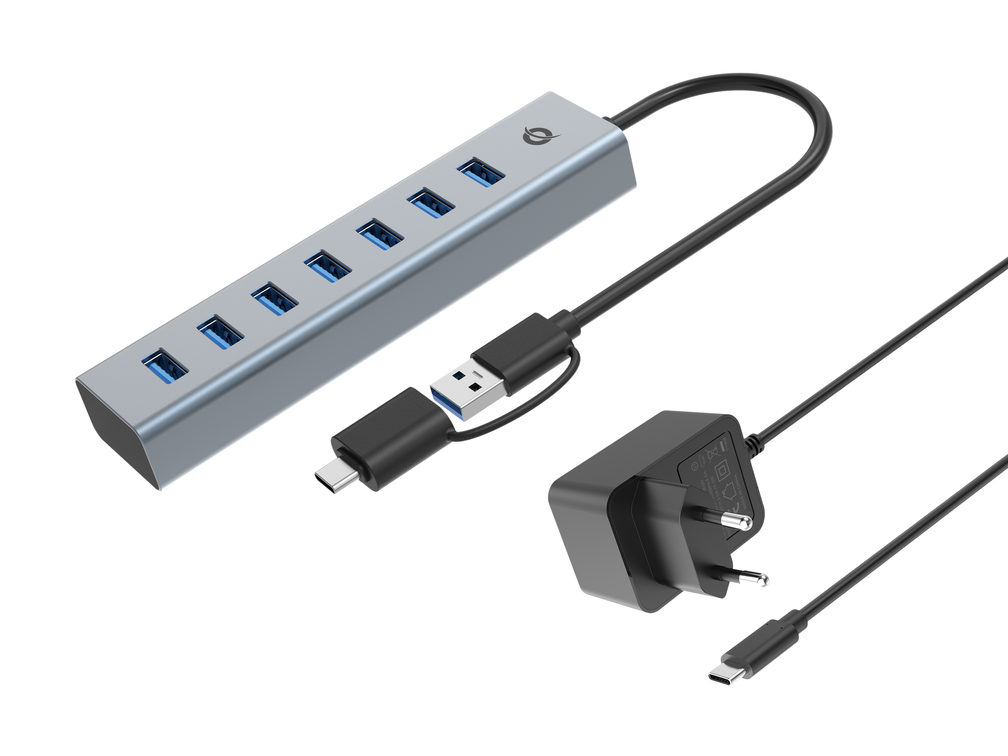 CONCEPTRONIC 7-Port Hub USB-A3.0/-C Adap.->7xA3.0 m.Netz. gr