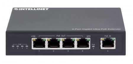 INTELLINET 4-Port Gigabit Ultra PoE-Extender Verlaengert PoE-Reichweite um 100m PoE-Strombudget 90W 4x PSE-Ports IEEE 802.3bt/at/af