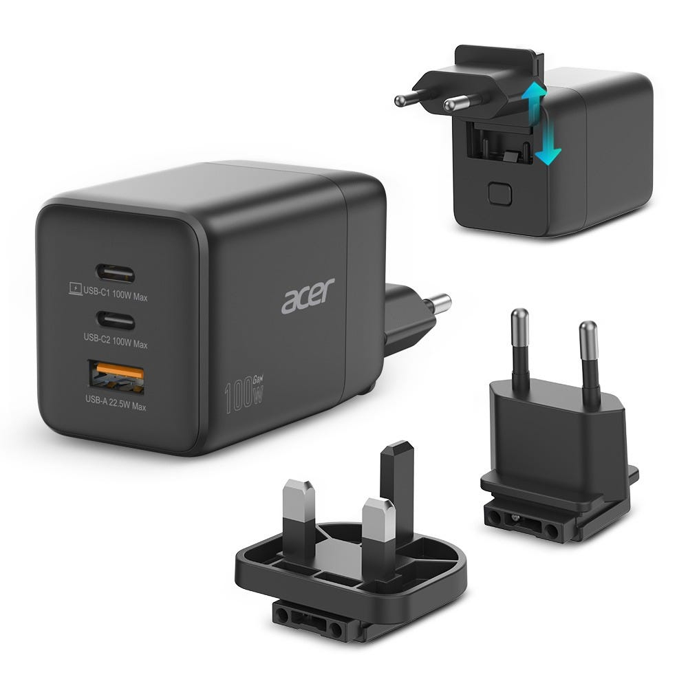 Acer Charger 100w 2 x USB-C + 1x USB-A ports, black
