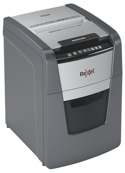Rexel Optimum AutoFeed+100X Aktenvernichter mit Partikelschnitt P-4, 4 x 28 mm, bis 100 Blatt, schwarz