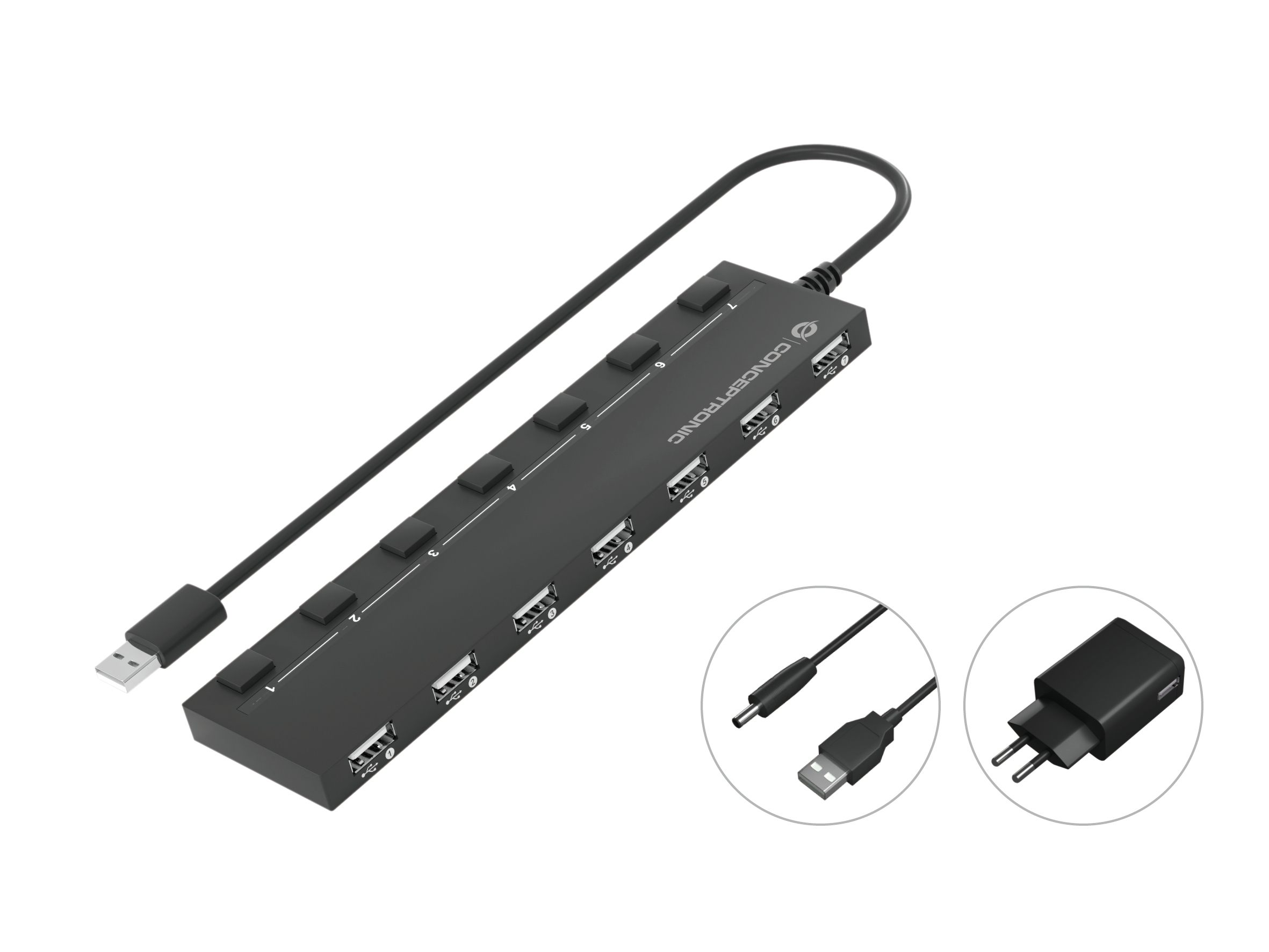 CONCEPTRONIC 7-Port Hub USB-A2.0->7xA2.0/DC m.Netz. sw