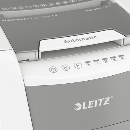 LEITZ IQ Autofeed Small Office 100 Aktenvernichter mit Partikelschnitt P-4, 4 x 28 mm, bis 100 Blatt, weiß