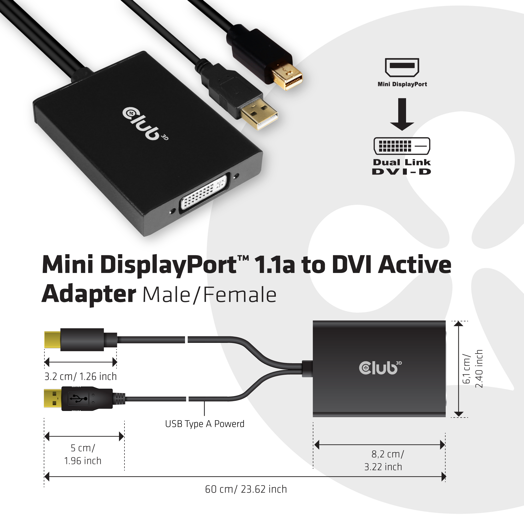 Club3D Adapter MiniDisplayport > DVI-D (Active Dual) St/Bu retail
