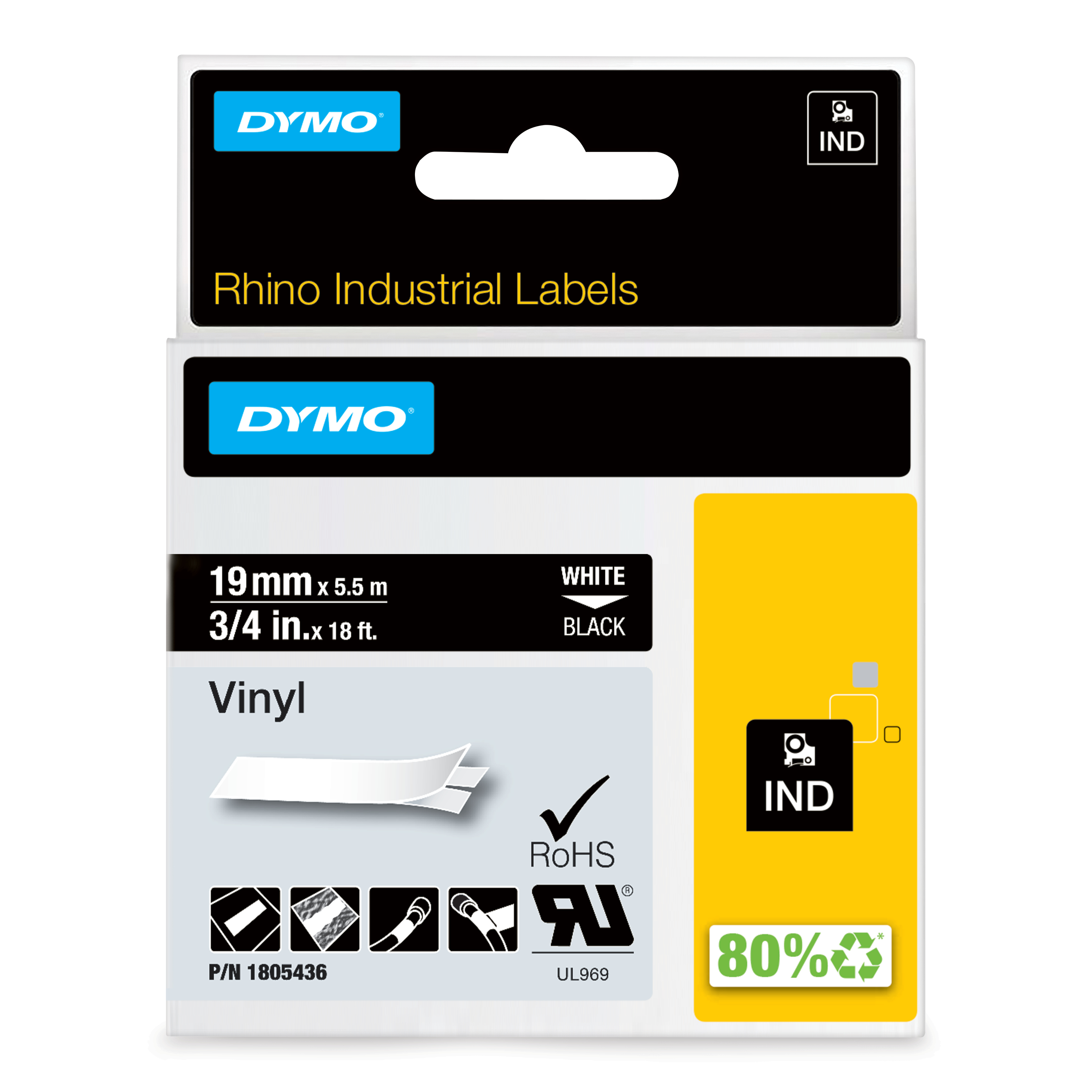 DYMO Schriftband RHINO 1805436, 19 mm, weiß auf schwarz, 1 St.