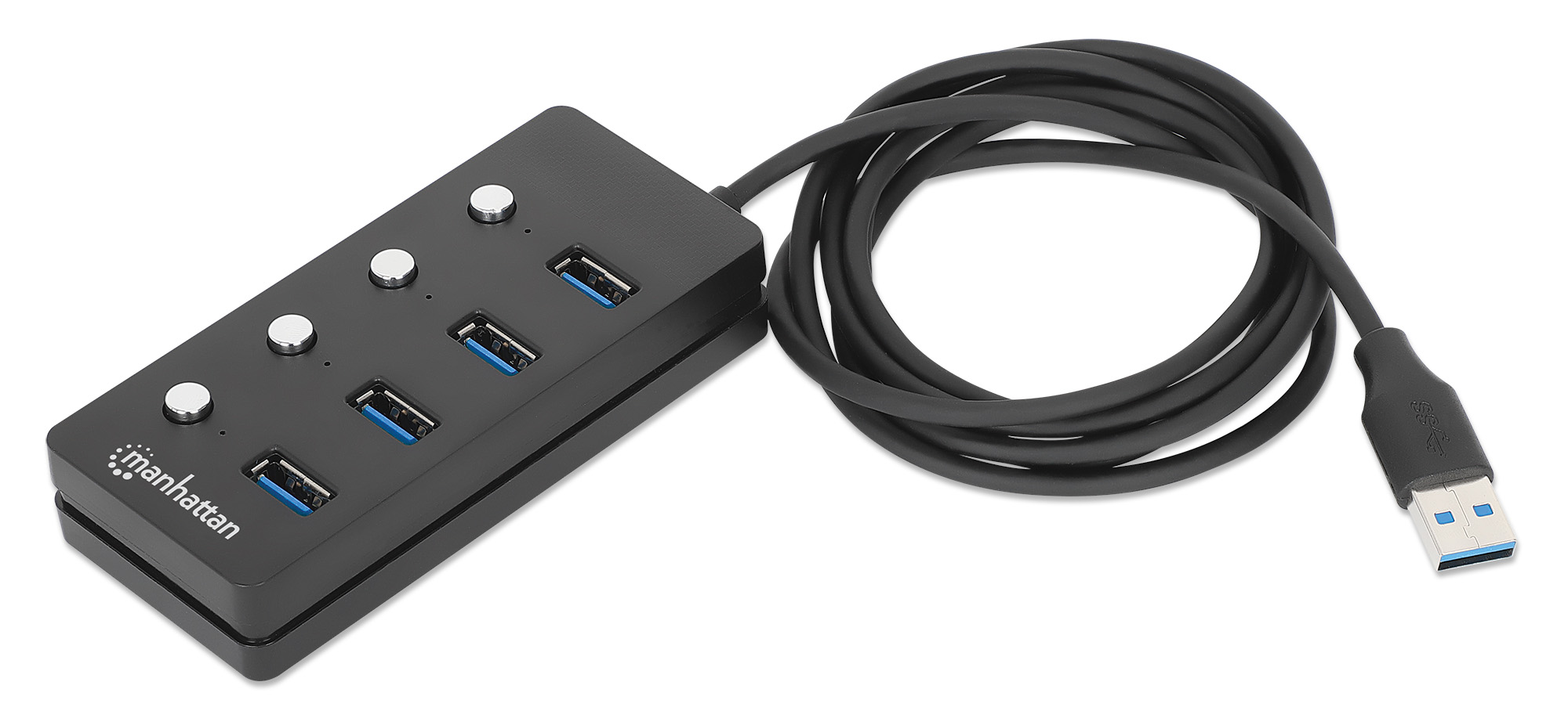 MANHATTAN 4-Port USB 3.0 Hub USB-A-Stecker auf 4x USB-A-Buchsen 5 Gbit/s 1,5 m Kabel Schalter für jeden Port Strom über USB/Netzteil