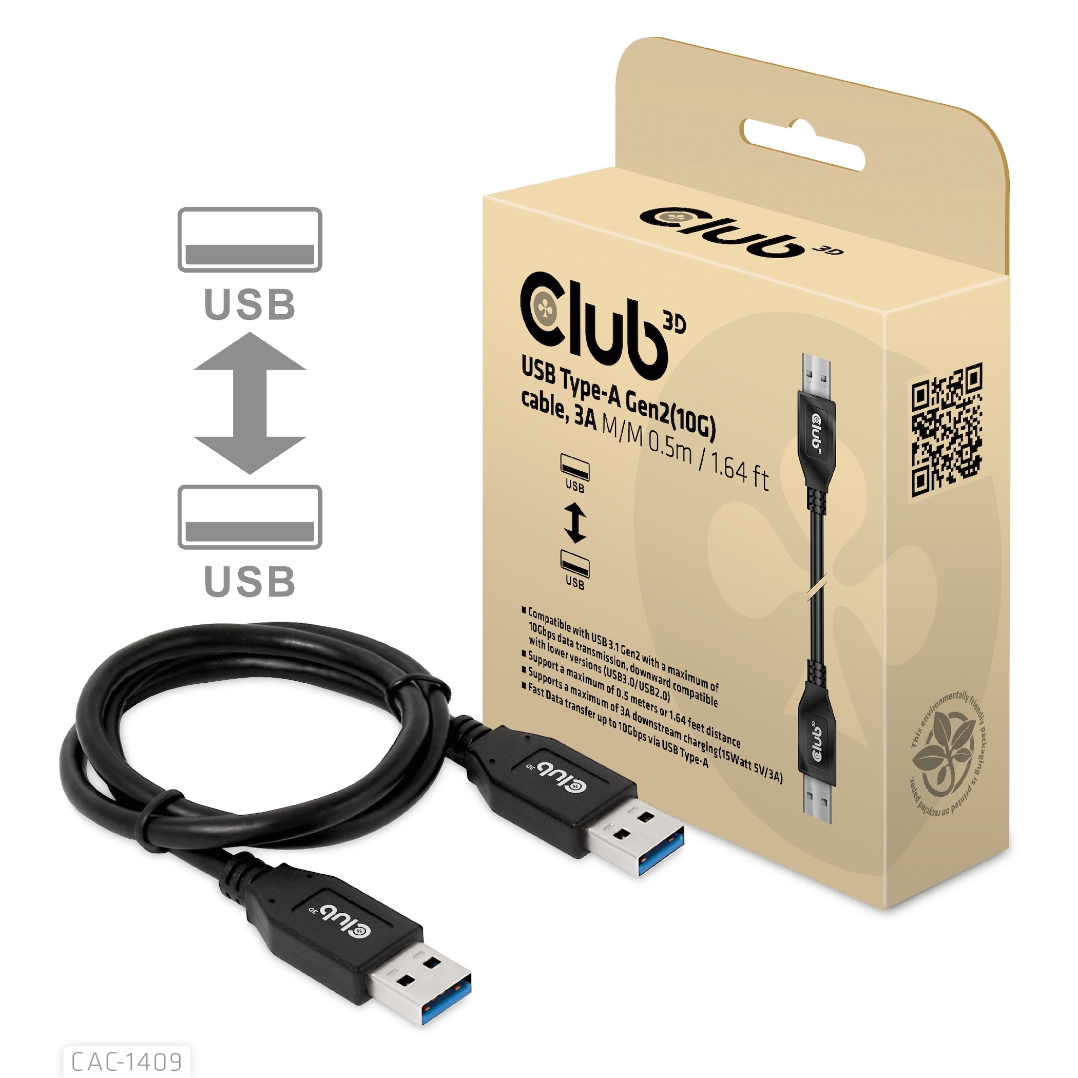 Club3D Kabel USB Typ-A Gen2 0,5m 10 Gbps St/St retail