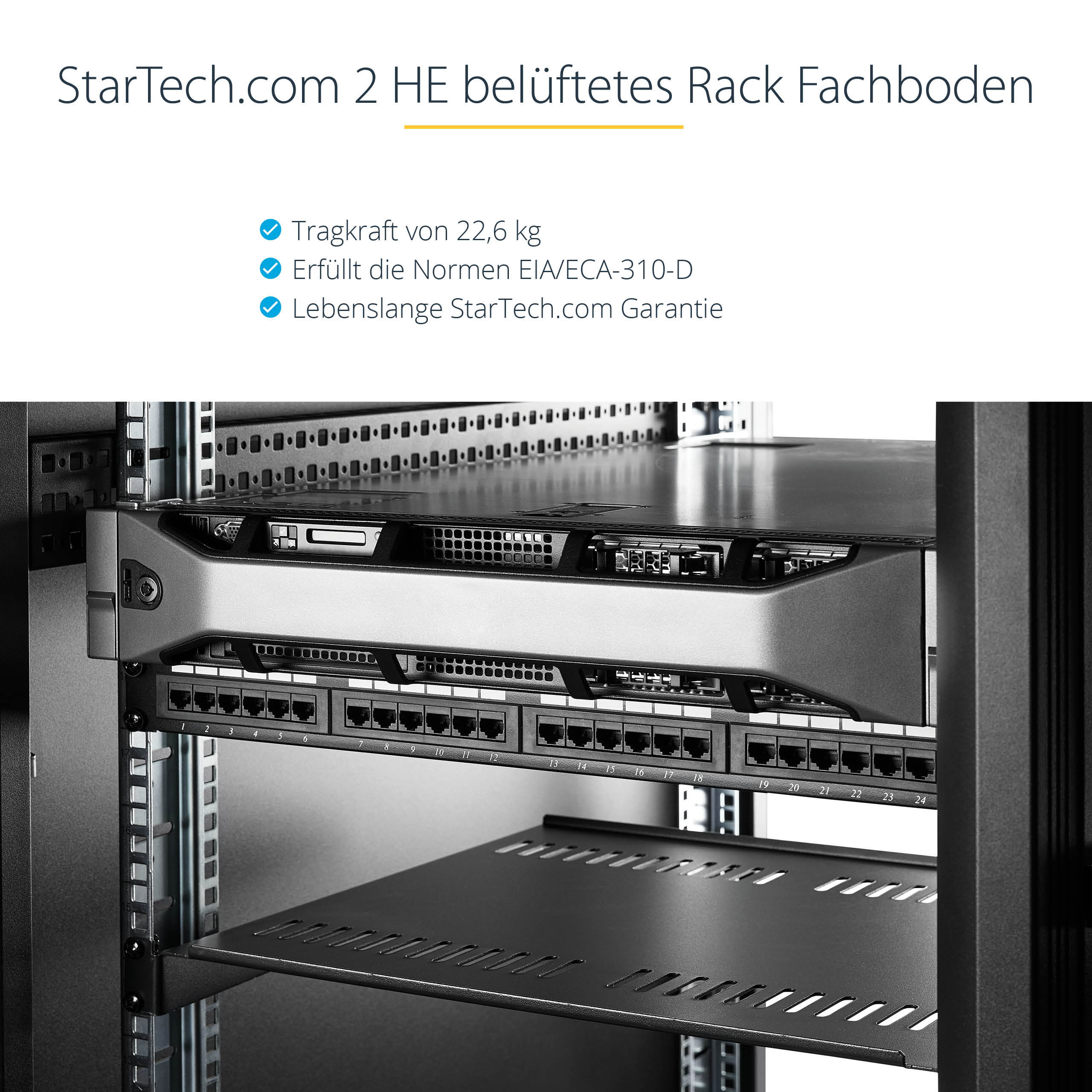 STARTECH.COM 2U 16in Universal Vented Rack Mount Cantilever Shelf - Fixed Server Rack Cabinet Shelf - 50lbs / 22kg