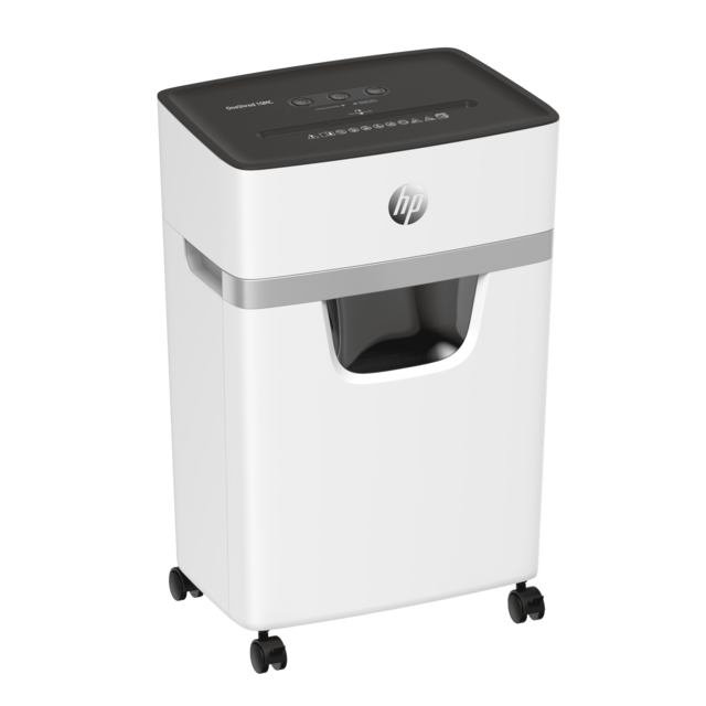 HP OneShred 10MC Aktenvernichter mit Partikelschnitt P-5, 2 x 15 mm, bis 10 Blatt, weiß