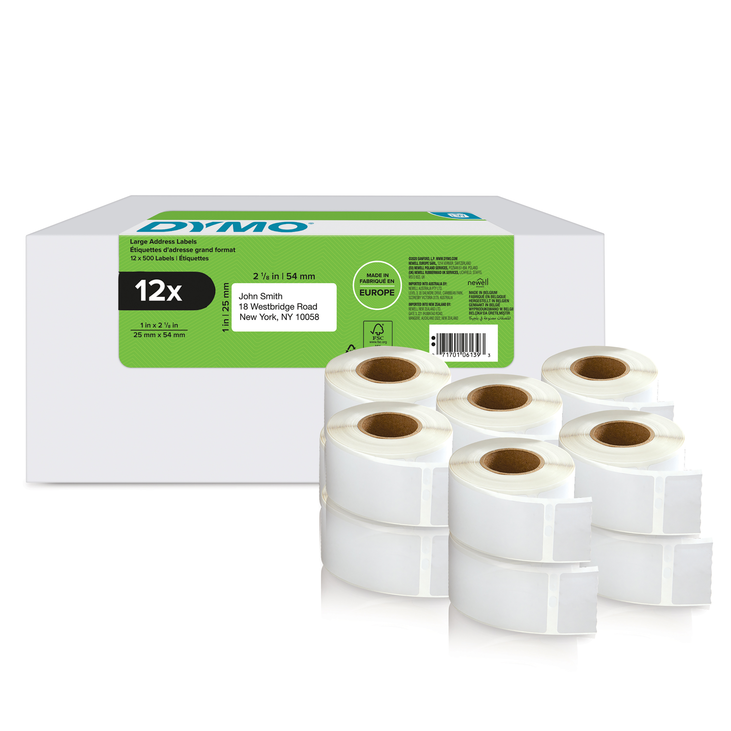 DYMO Etikettenrollen für Etikettendrucker weiß, 54,0 x 25,0 mm, 12 x 500 Etiketten