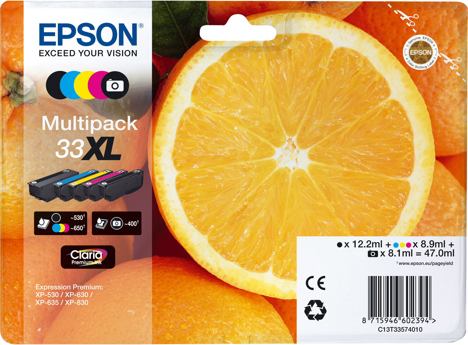 EPSON 33XL / T3357XL (Orangen) schwarz, cyan, magenta, gelb, Foto schwarz Druckerpatronen, 5er-Set