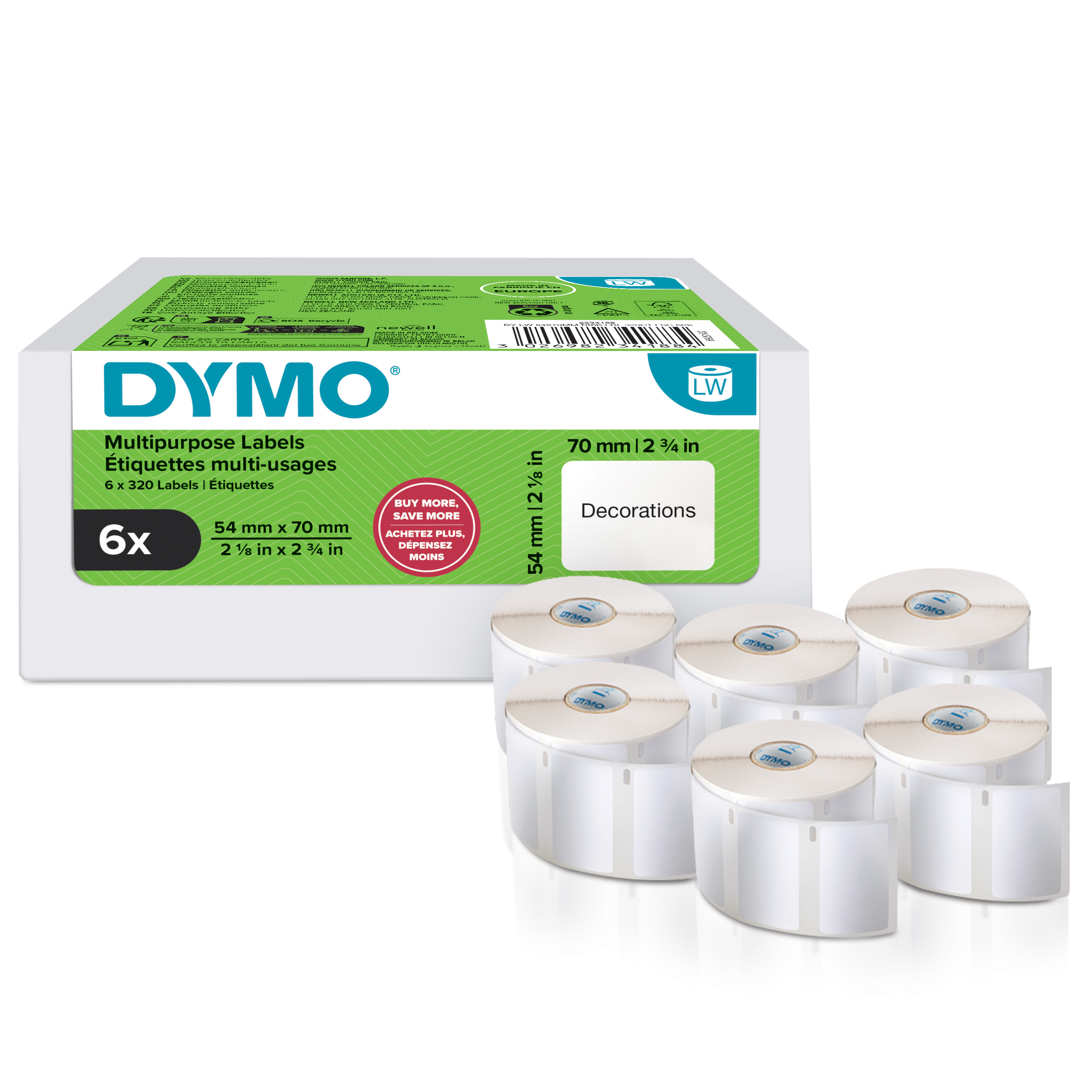DYMO Etikettenrolle für Etikettendrucker weiß, 54,0 x 70,0 mm, 6 x 320 Etiketten