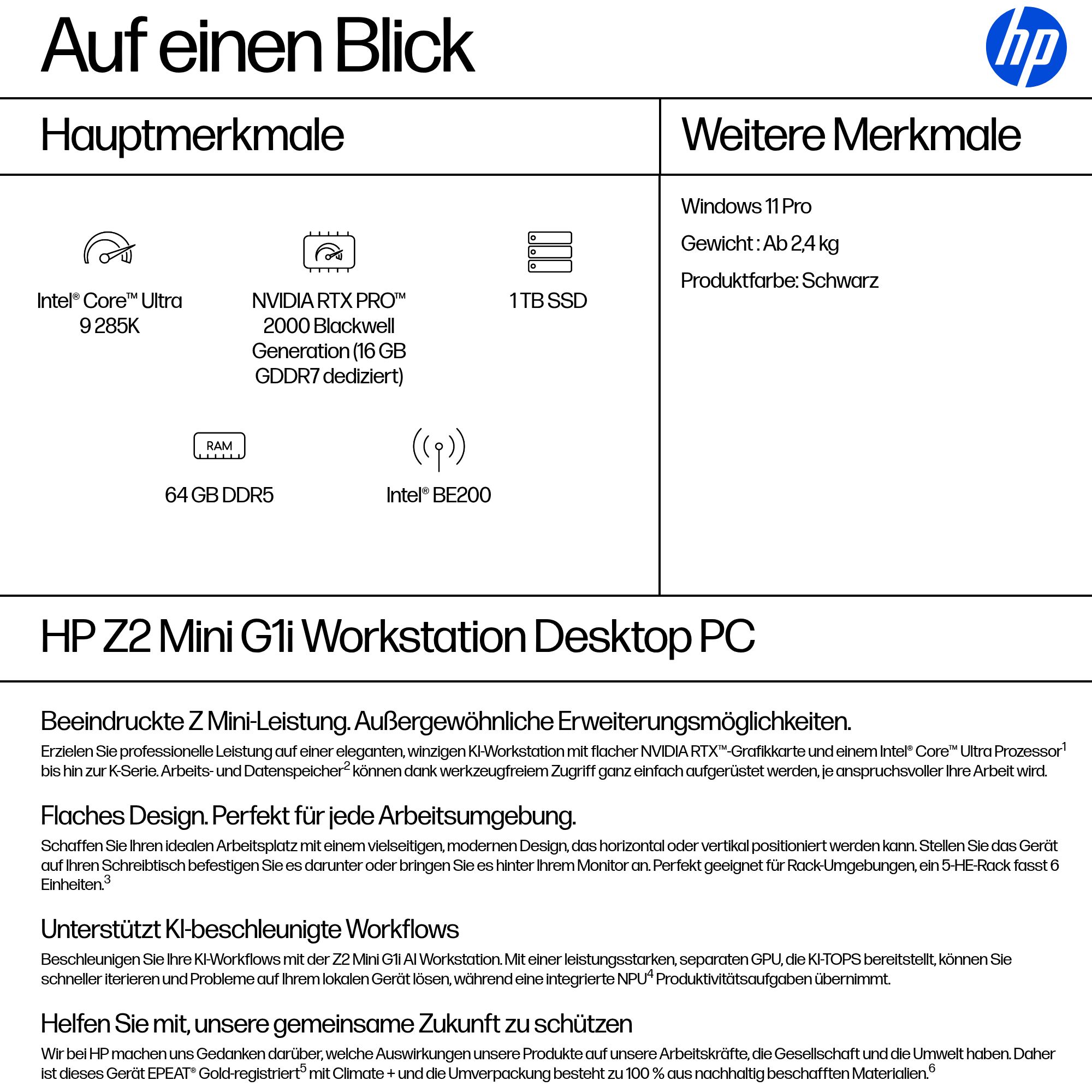 HP Z2 Mini G1i Intel Core Ultra 9 285K 64GB 1TB/SSD NVIDIA RTX PRO 2000 16GB W11P 1J Gar (DE)
