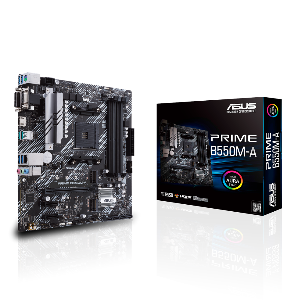 ASUS PRIME B550M-A mATX MB dual M.2 PCIe 4.0 1Gb Ethernet HDMI/D-Sub/DVI SATA 6Gbps USB3.2 Gen 2 Type-A