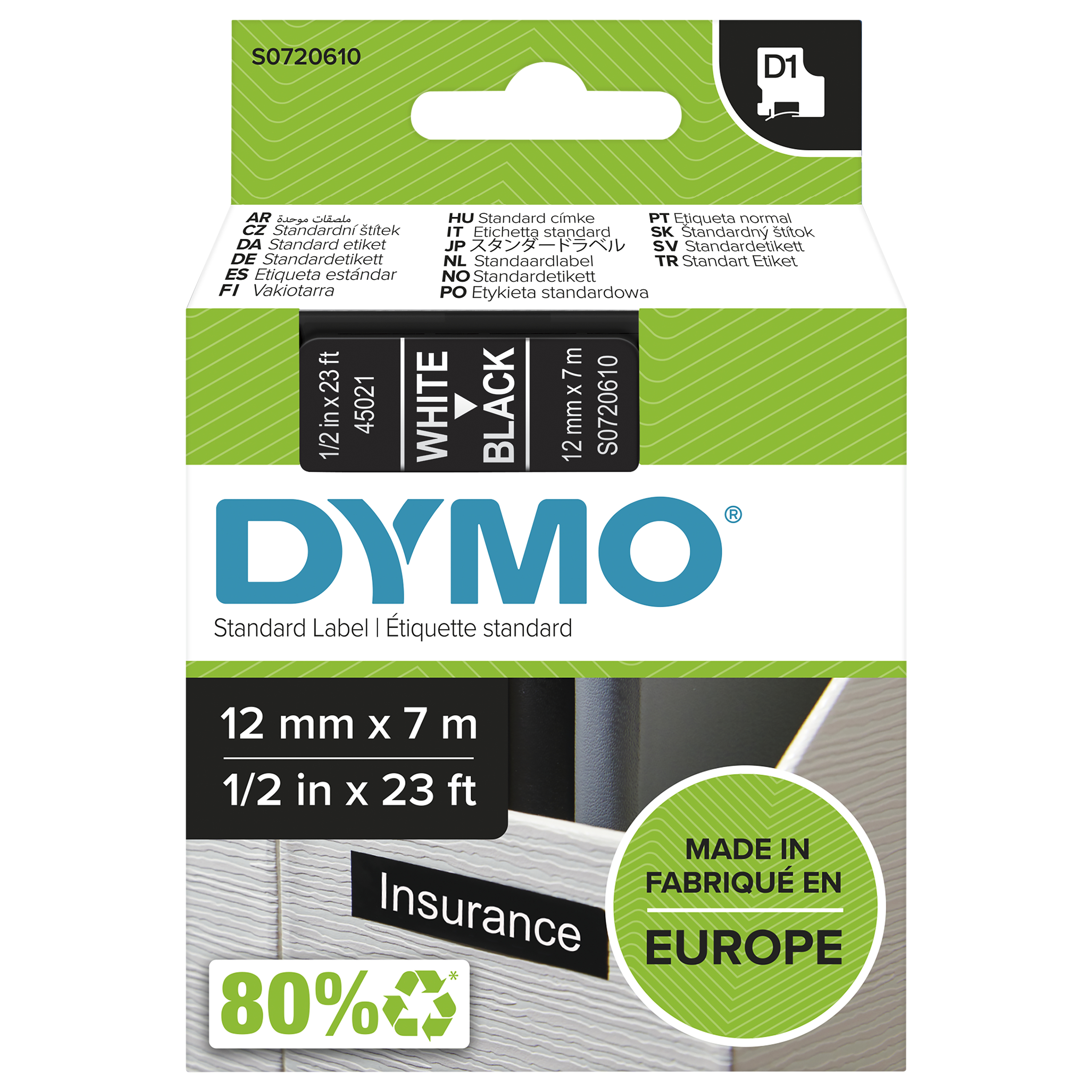 DYMO D1 Schriftband 45021 12mmx7.0m weiß ->schwarz