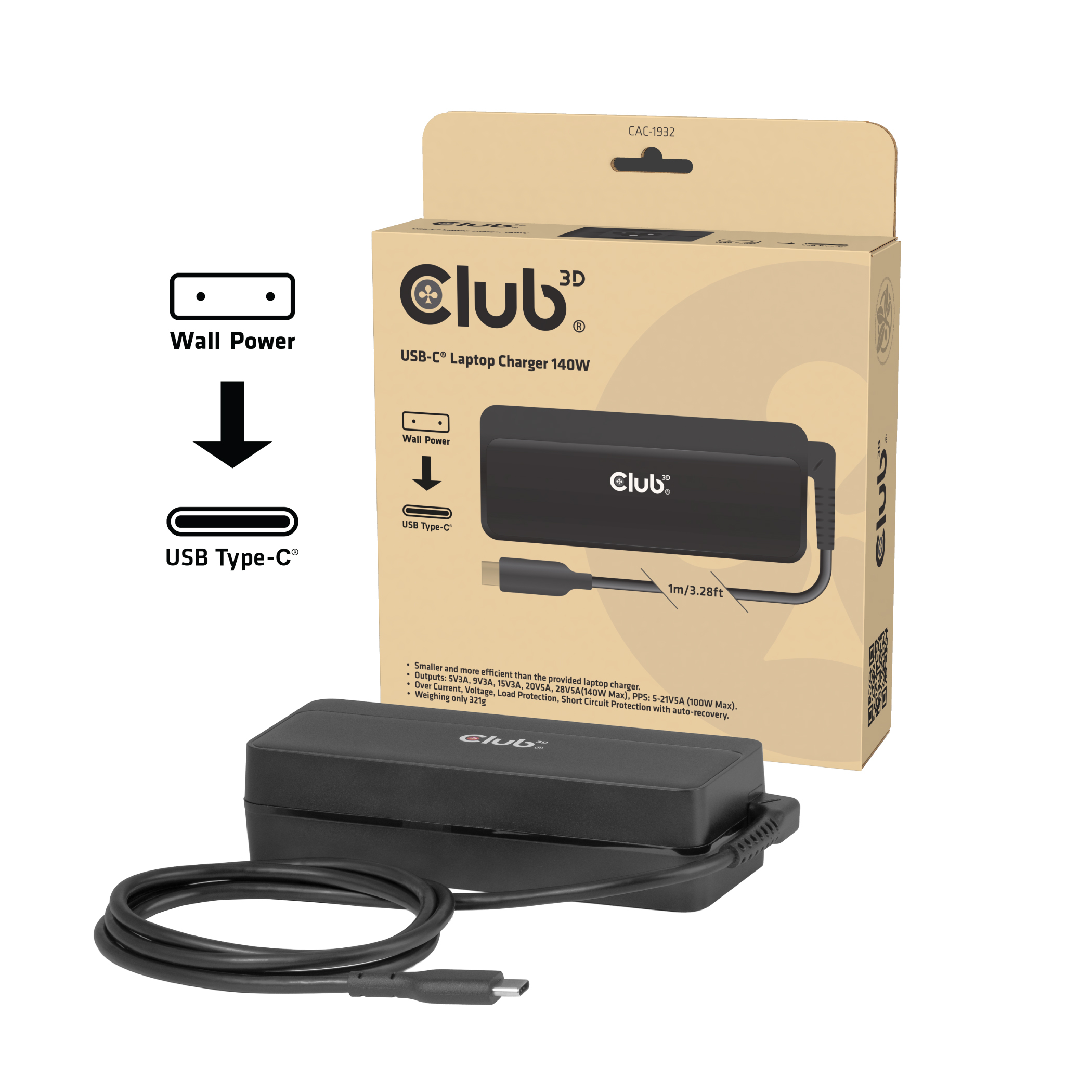 Club3D Laptop-Ladegerät USB-C PD3.1 140W, GaN retail