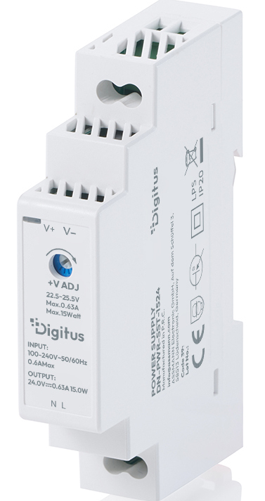 DIGITUS 24V / 0.63A / 15W Step-Shape DIN-Rail power supply Ultra-Slim Class II