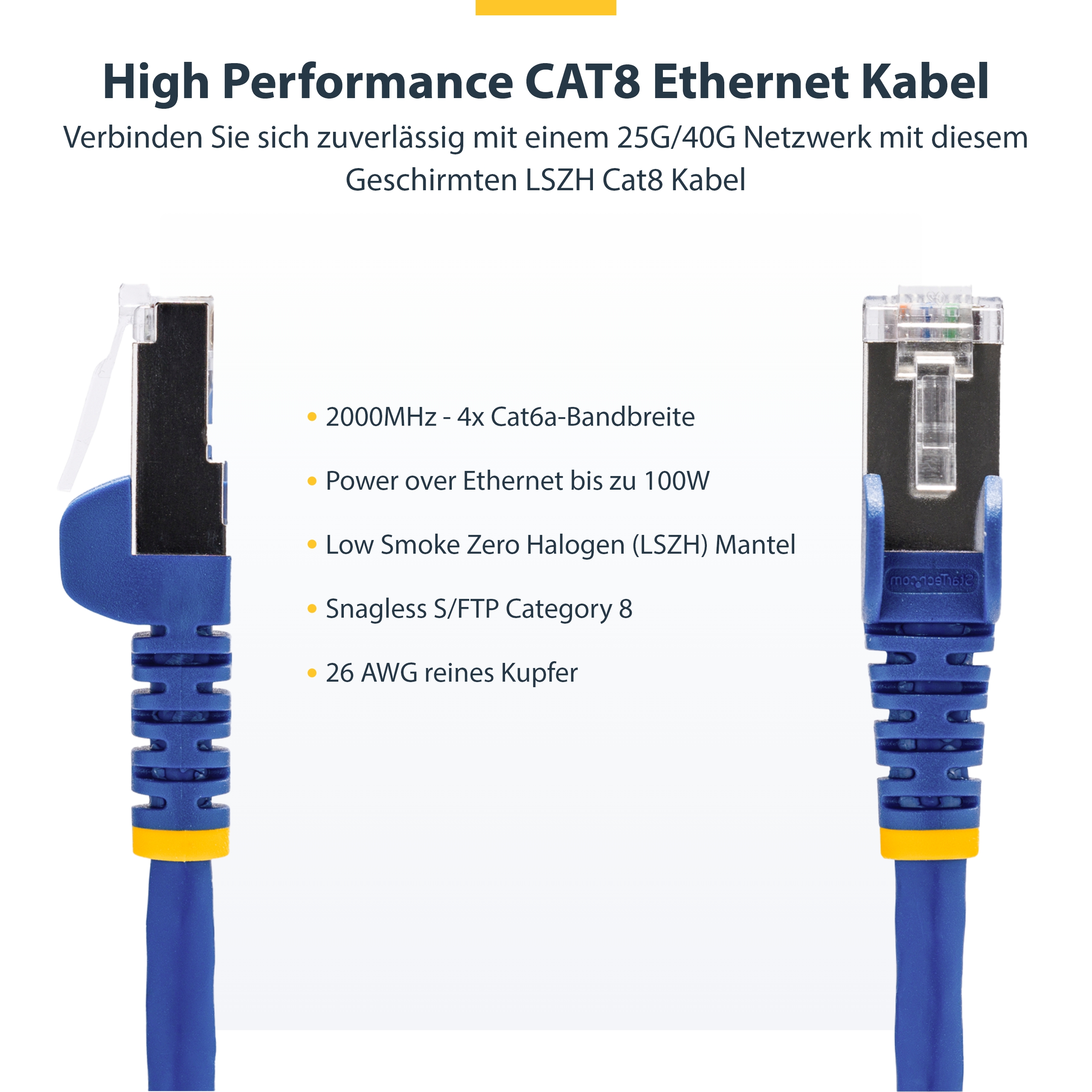 STARTECH.COM 1m Blaues CAT8 Netzwerkkabel Snagless RJ45 Patchkabel 25G/40G LAN Kabel 2000MHz 100W PoE++ S/FTP LSZH