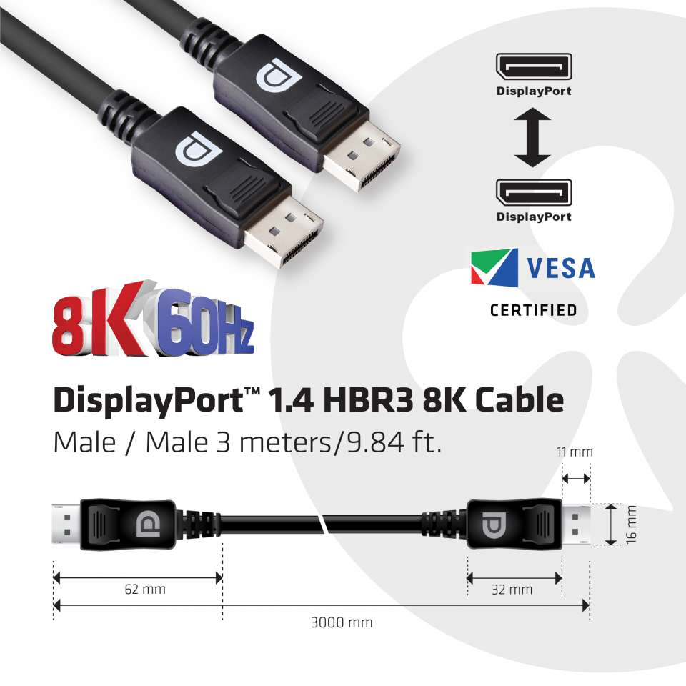 Club3D DisplayPort-Kabel 1.4 HBR3 32,4Gb/s 3m 8K60Hz St/St retail