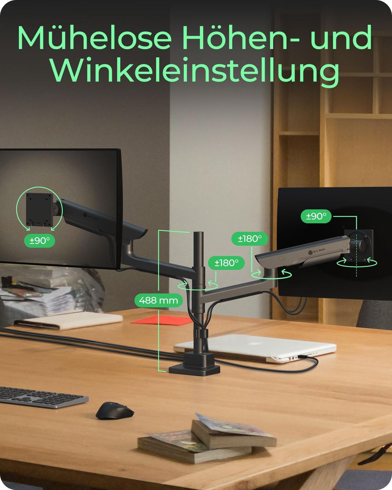 Monitorständer IcyBox 2 Monitore bis zu 57/27kg Tischmontag