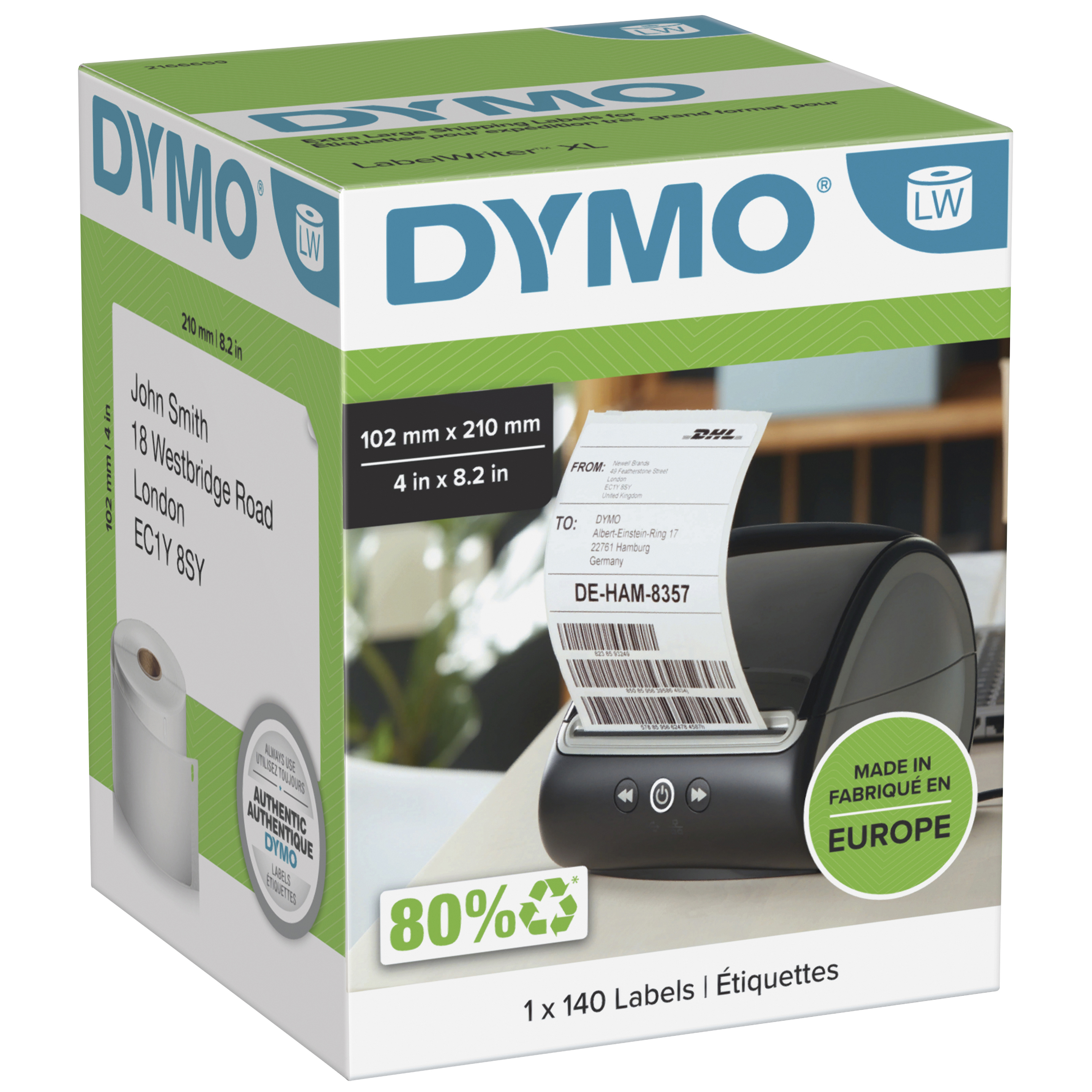 DYMO Etikettenrolle für Etikettendrucker weiß, 102,0 x 210,0 mm, 1 x 140 Etiketten
