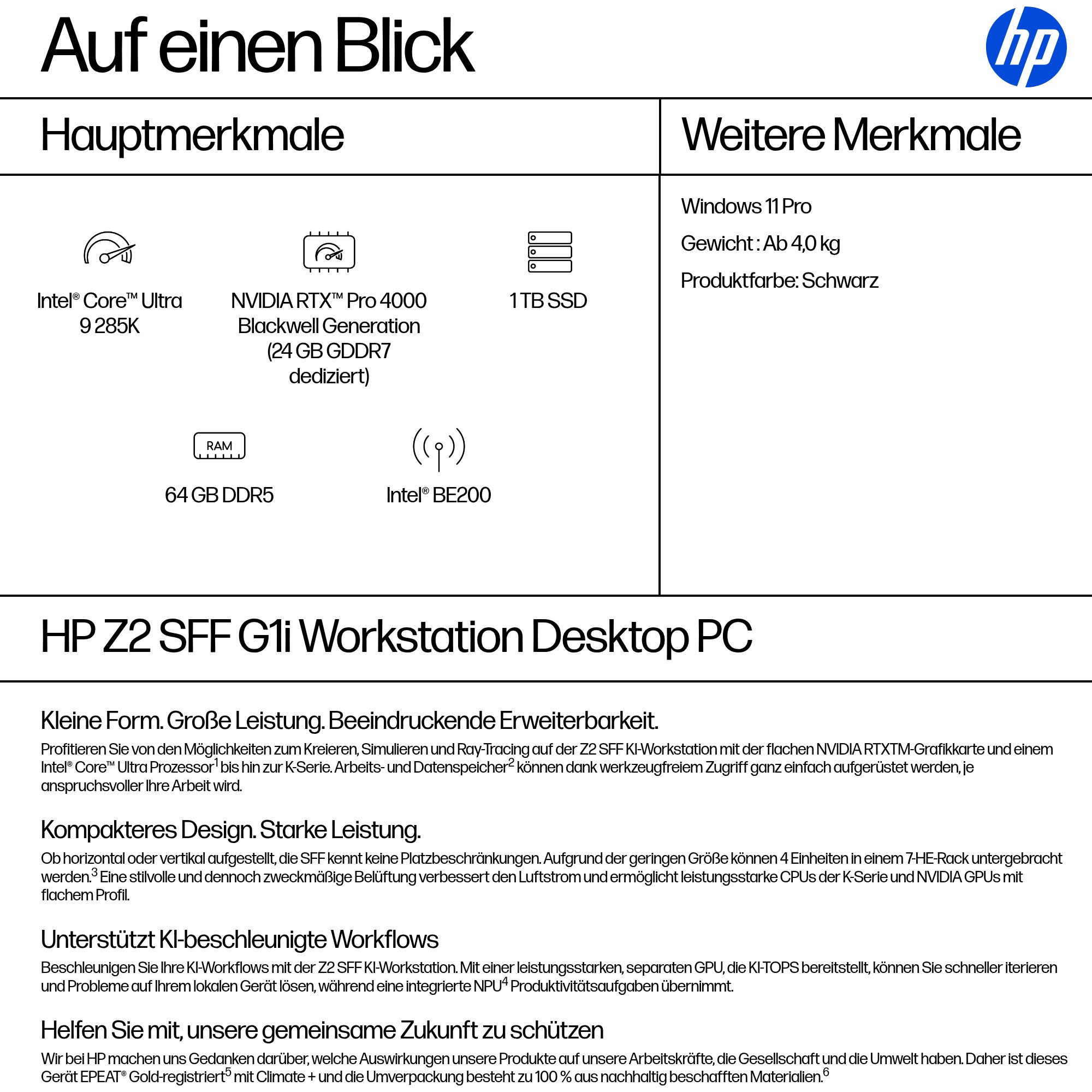 HP Z2 SFF G1i Intel Core Ultra 9 285K 64GB 1TB/SSD NVIDIA RTX PRO 4000 24GB W11P 1J Gar (DE)