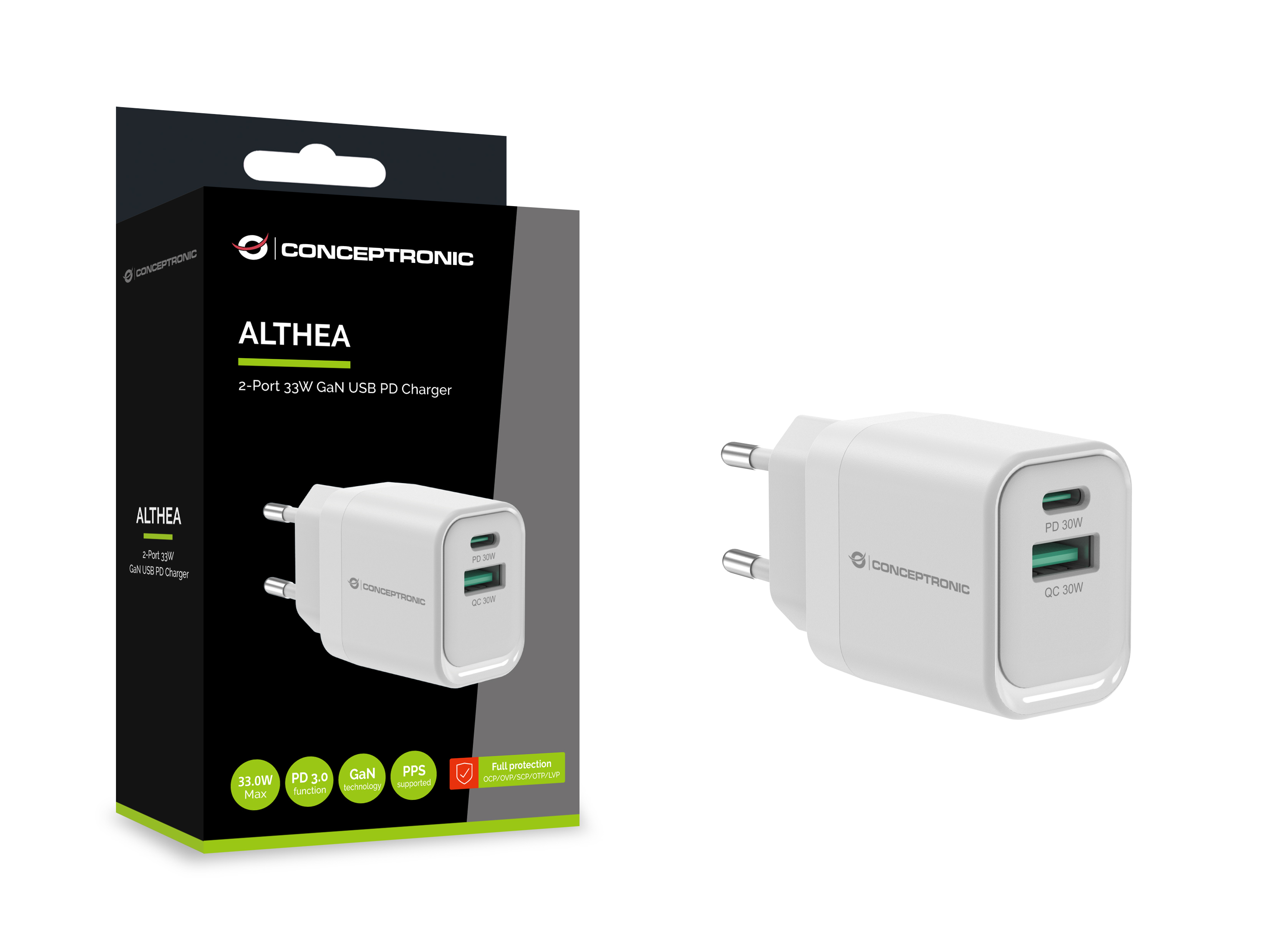 CONCEPTRONIC Ladegerät 2Port GaN USB-C/-A 33WPD3.0/PPS ws