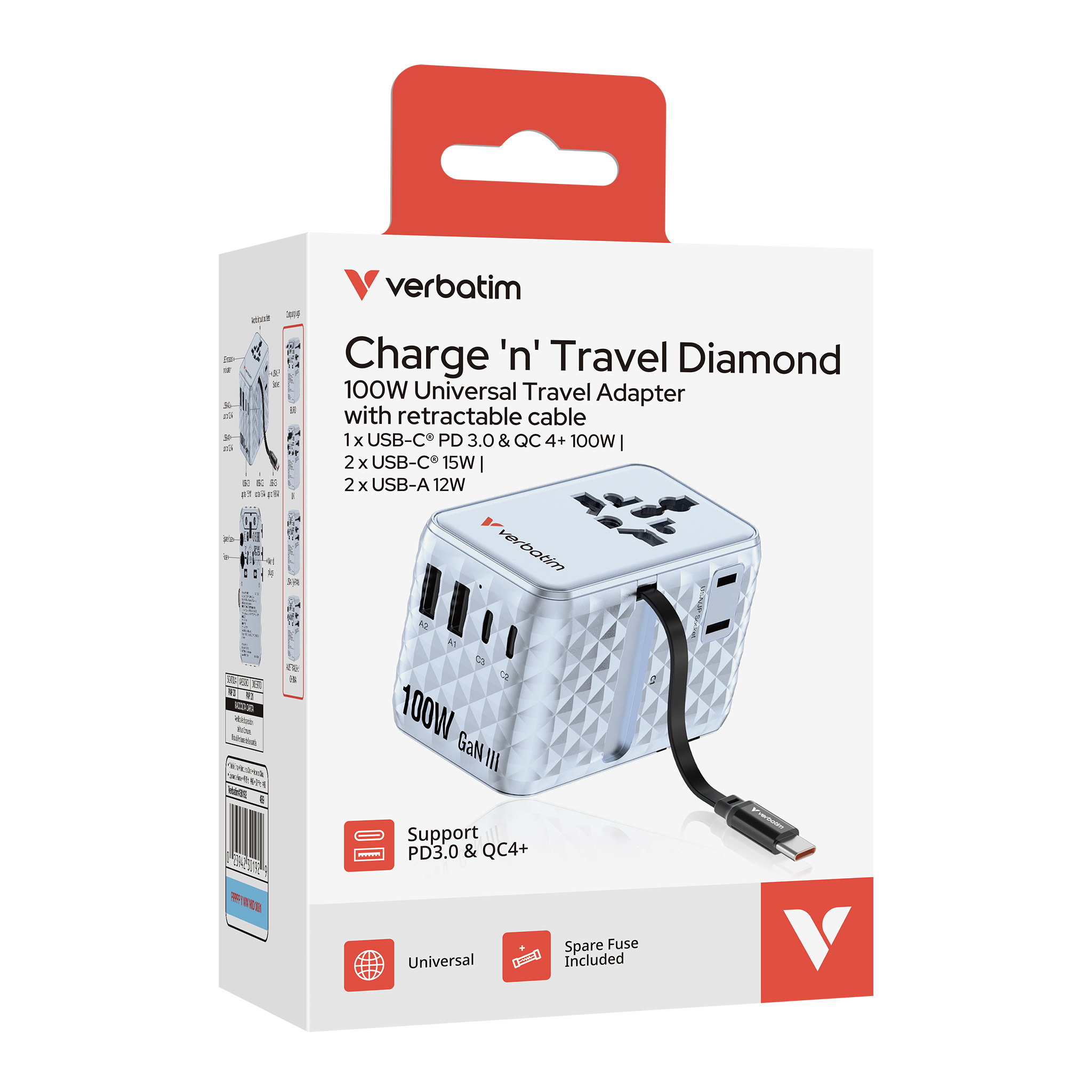 Verbatim Charge'n'Travel Adapter 100W 1C retractable blue